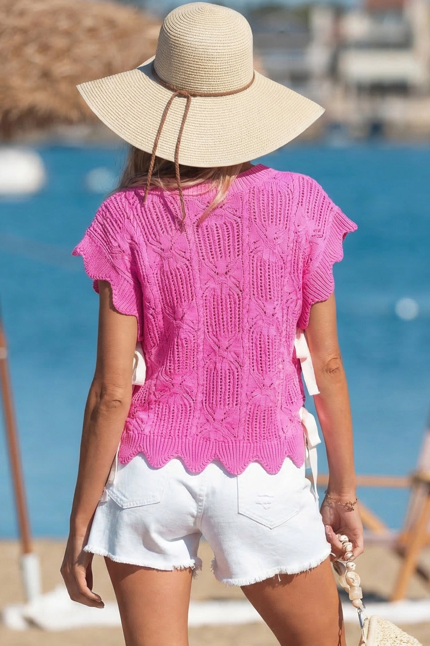 Threaded Pear Ainara Pointelle Scalloped Short-Sleeve Sweater - Bonbon