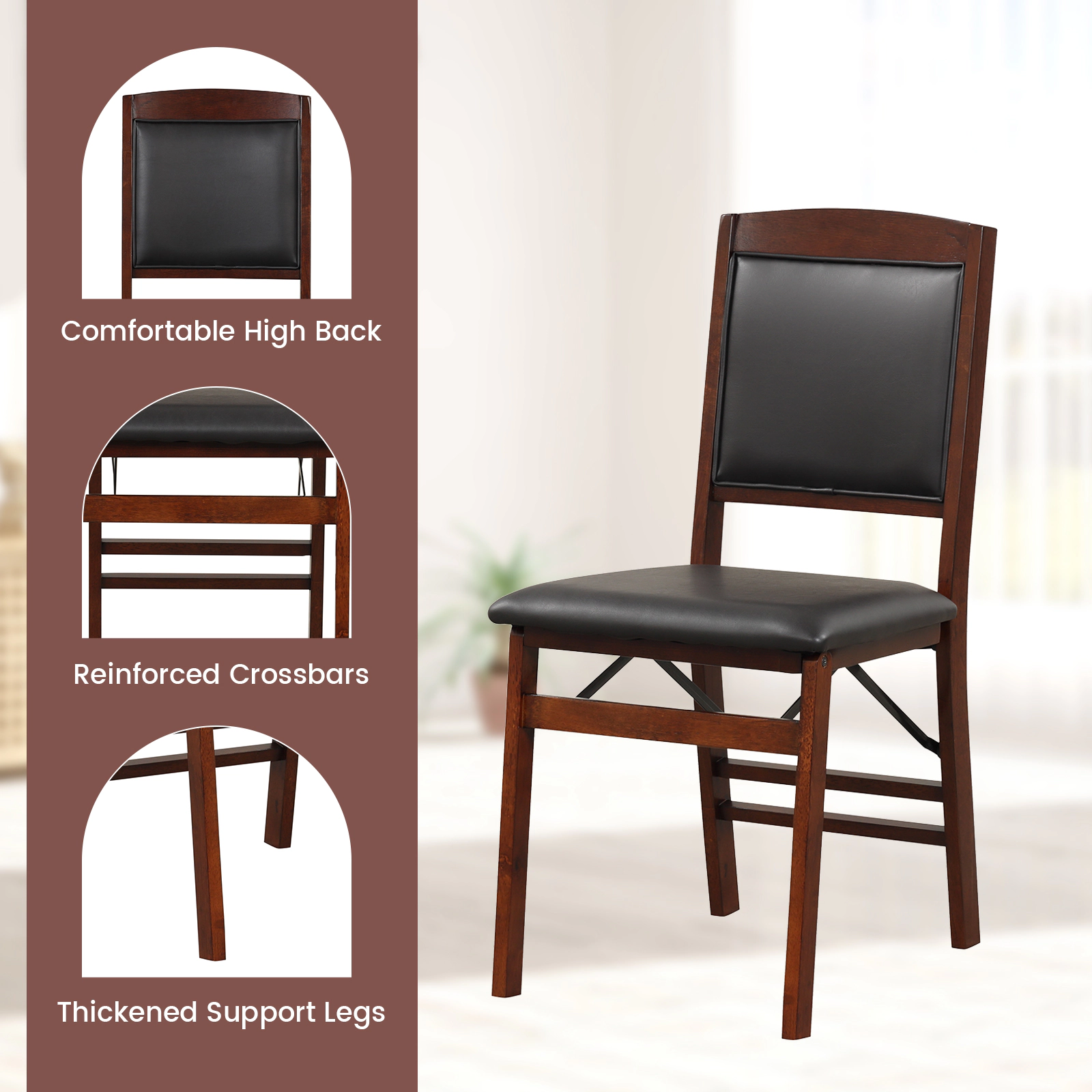 SUGIFT Folding Dining Chairs with Padded PU Leather Seat and High Backrest 400-lb Capacity Brown