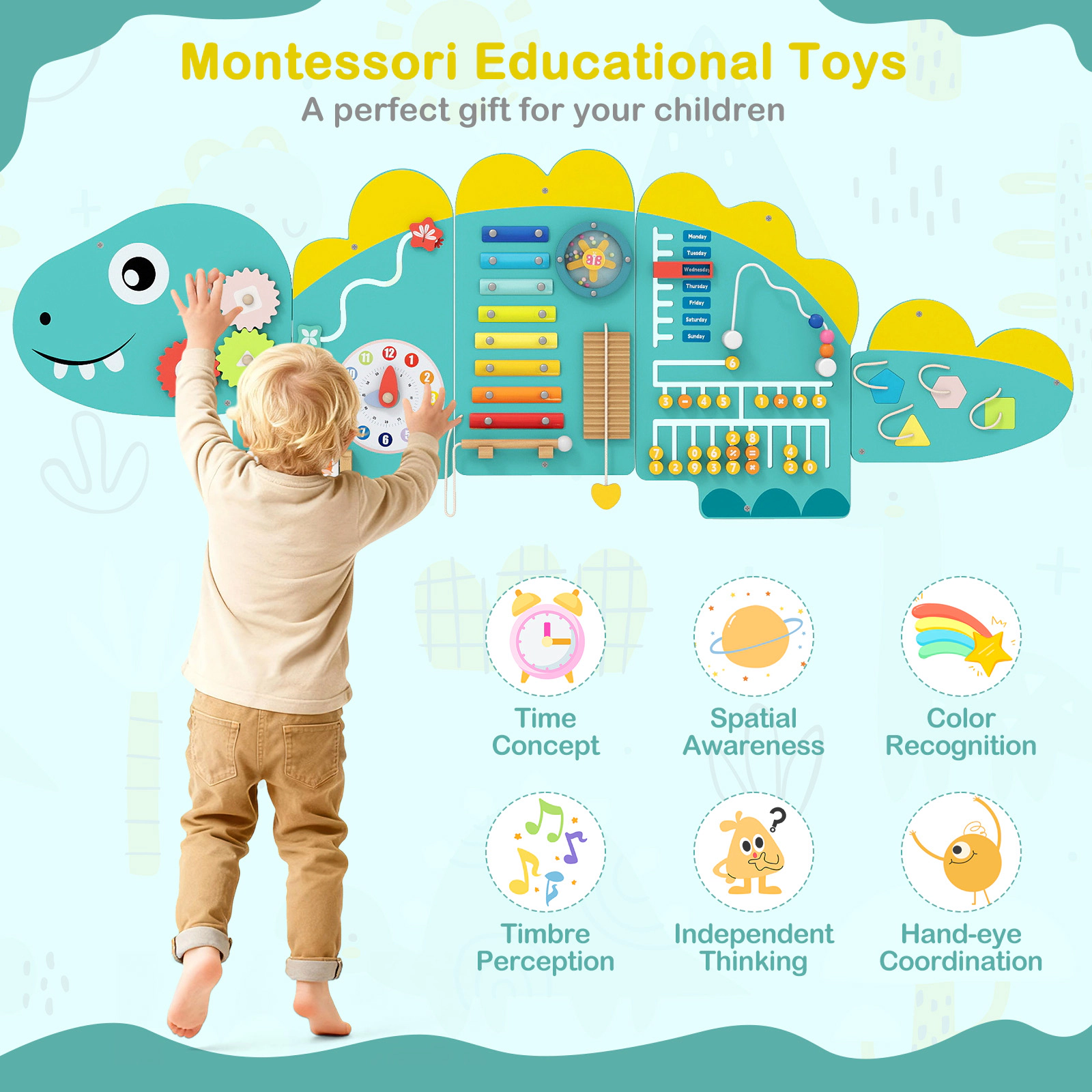SUGIFT Toddler Green 11-in-1 Dinosaur Busy Board with Clock Xylophone and Abacus 57-in W 18-in H Ages 3+