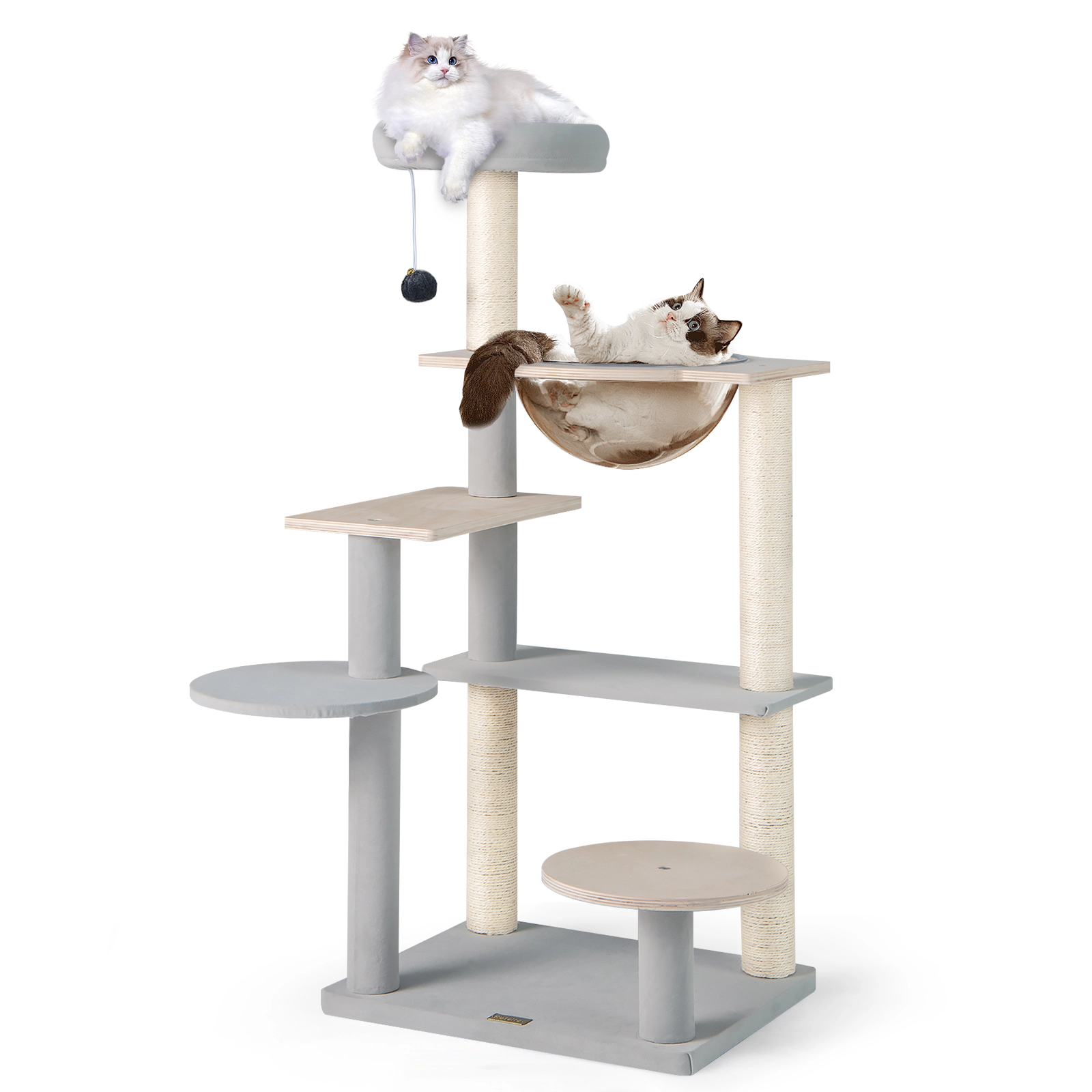 Glintex 44-Inch Cat Tower with Transparent Space Capsule and Matte Velvet Platforms, Natural