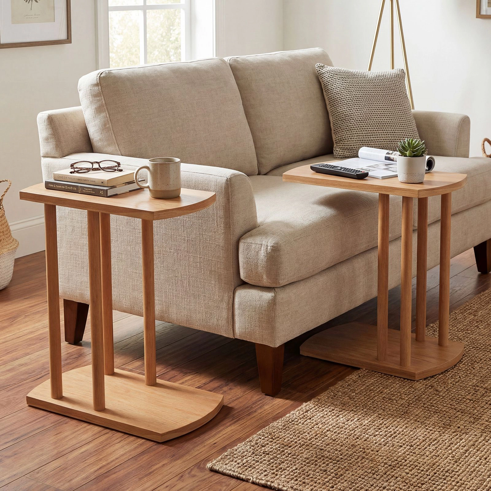 SlickBlue Narrow C Shaped Teak Wood Side Table with 2 Tiers
