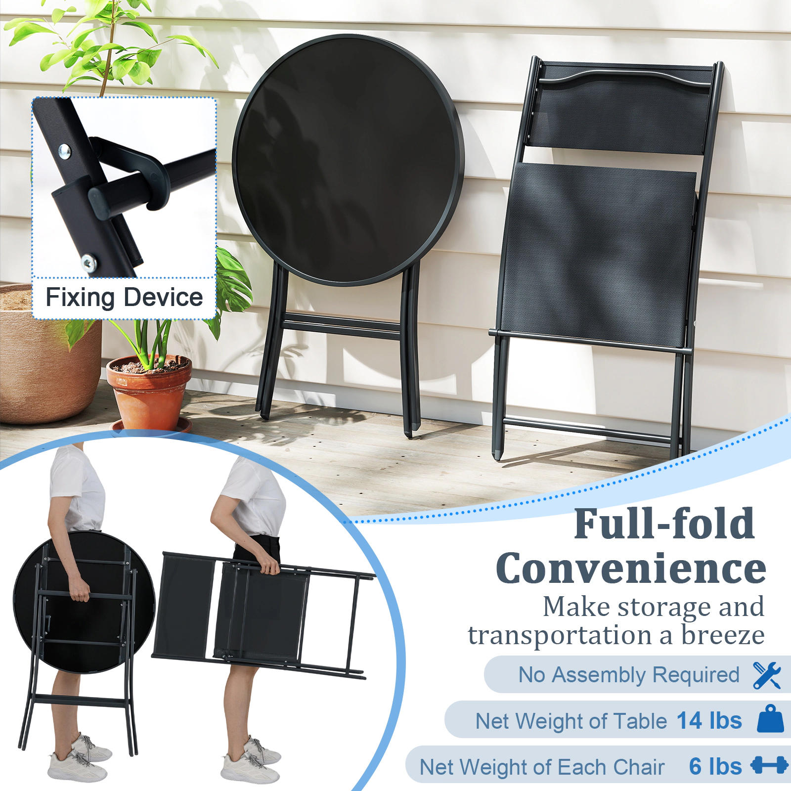 SUGIFT 3 Piece Folding Patio Bistro Set Black with Tempered Glass Table and 2 Chairs