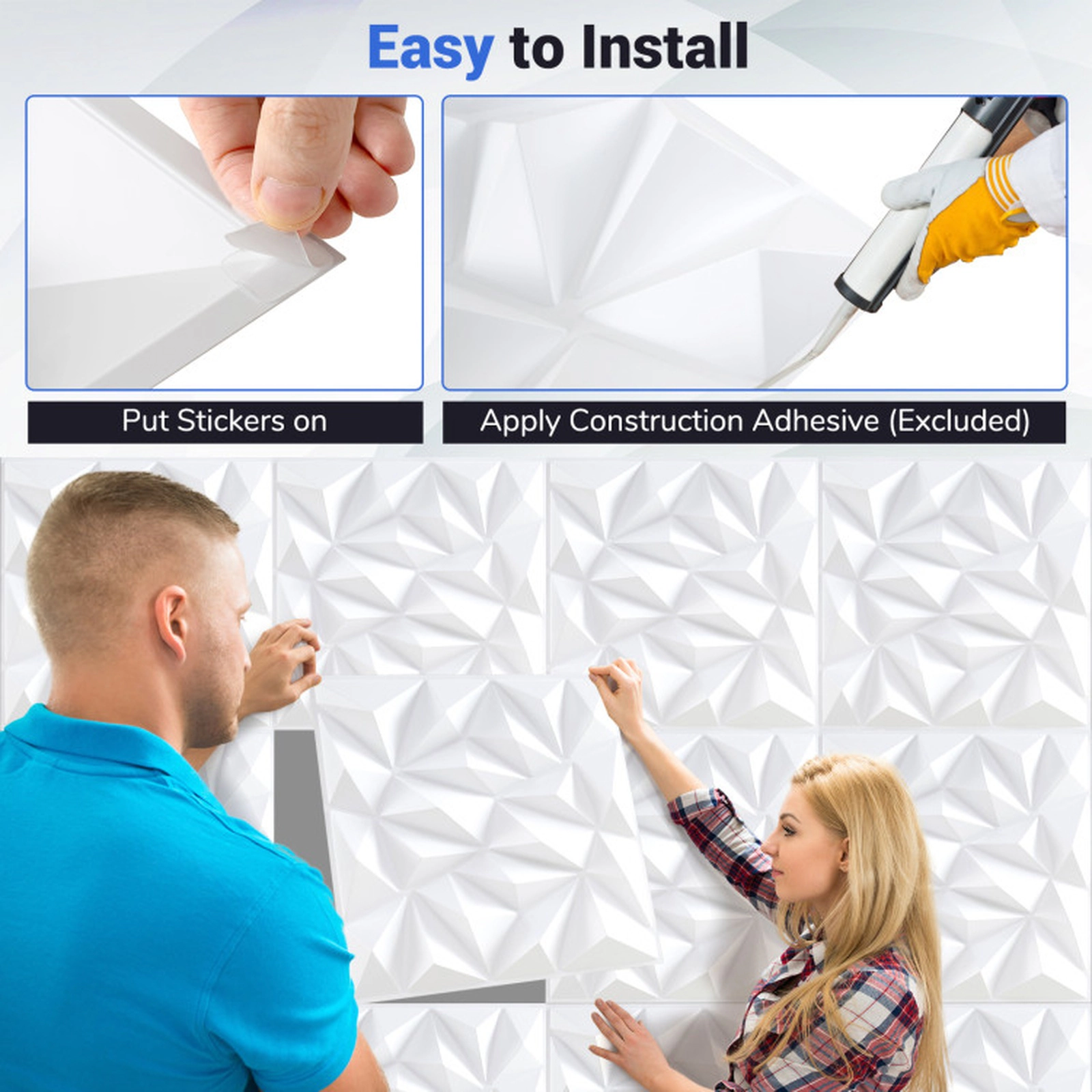 SUGIFT 20-Pack 3D Diamond PVC Wall Panels, White, 55.5 sq. ft. Coverage