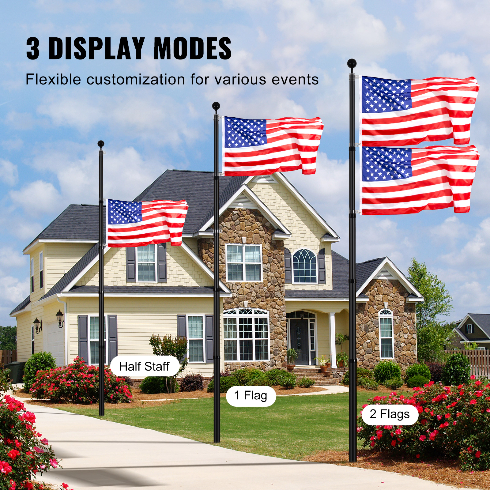 HONGGE Telescoping Flag pole Kit Heavy Duty Aluminum Alloy in Ground Flag Poles for Outside 3 Display Modes Flagpole