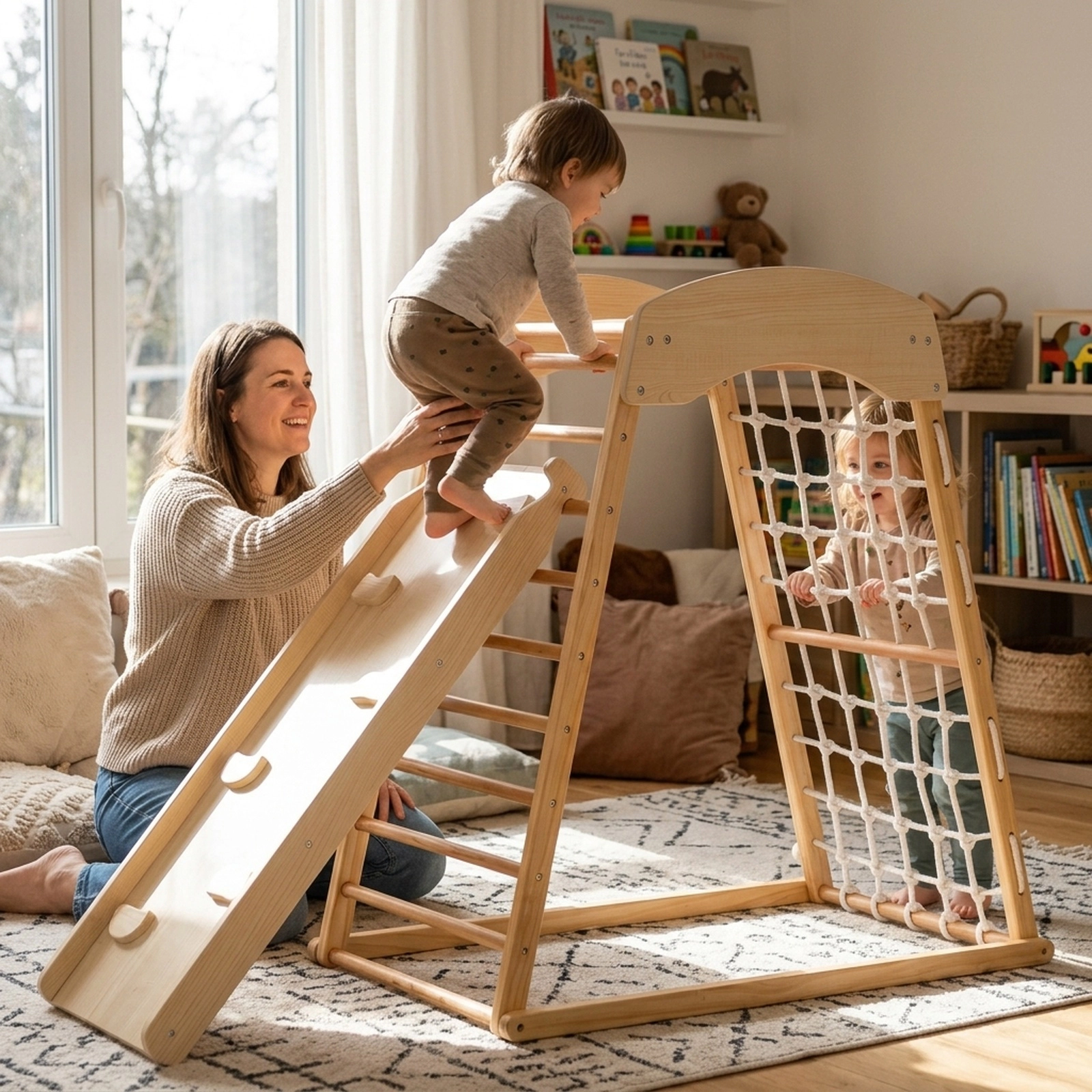 6-in-1 Wooden Jungle Gym Indoor Playground Tool-Free Adjustable Ramp Monkey Bars Floor Anchors 130-lb Ages 1+ Natural