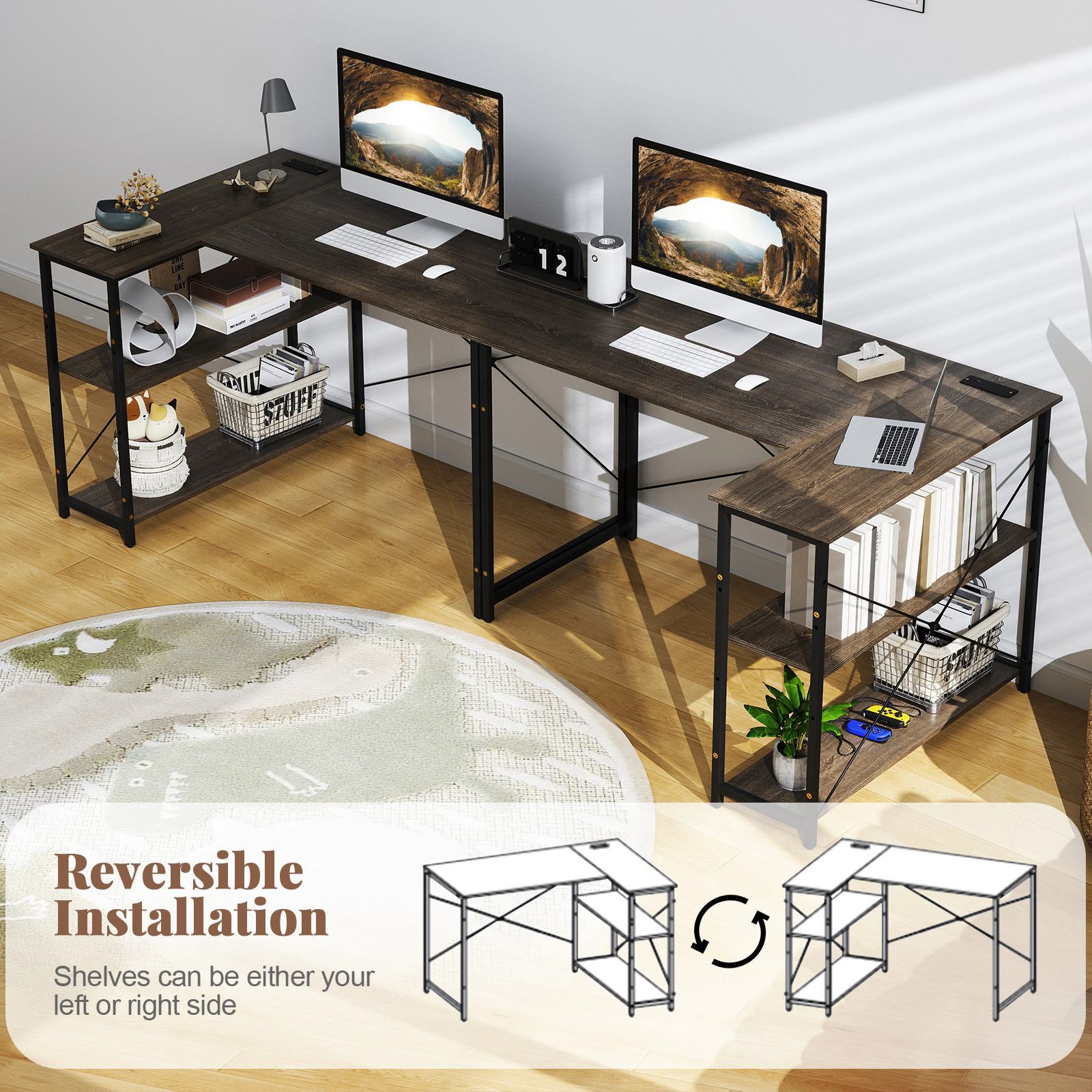 SlickBlue L-Shaped Computer Desk with Storage Shelves