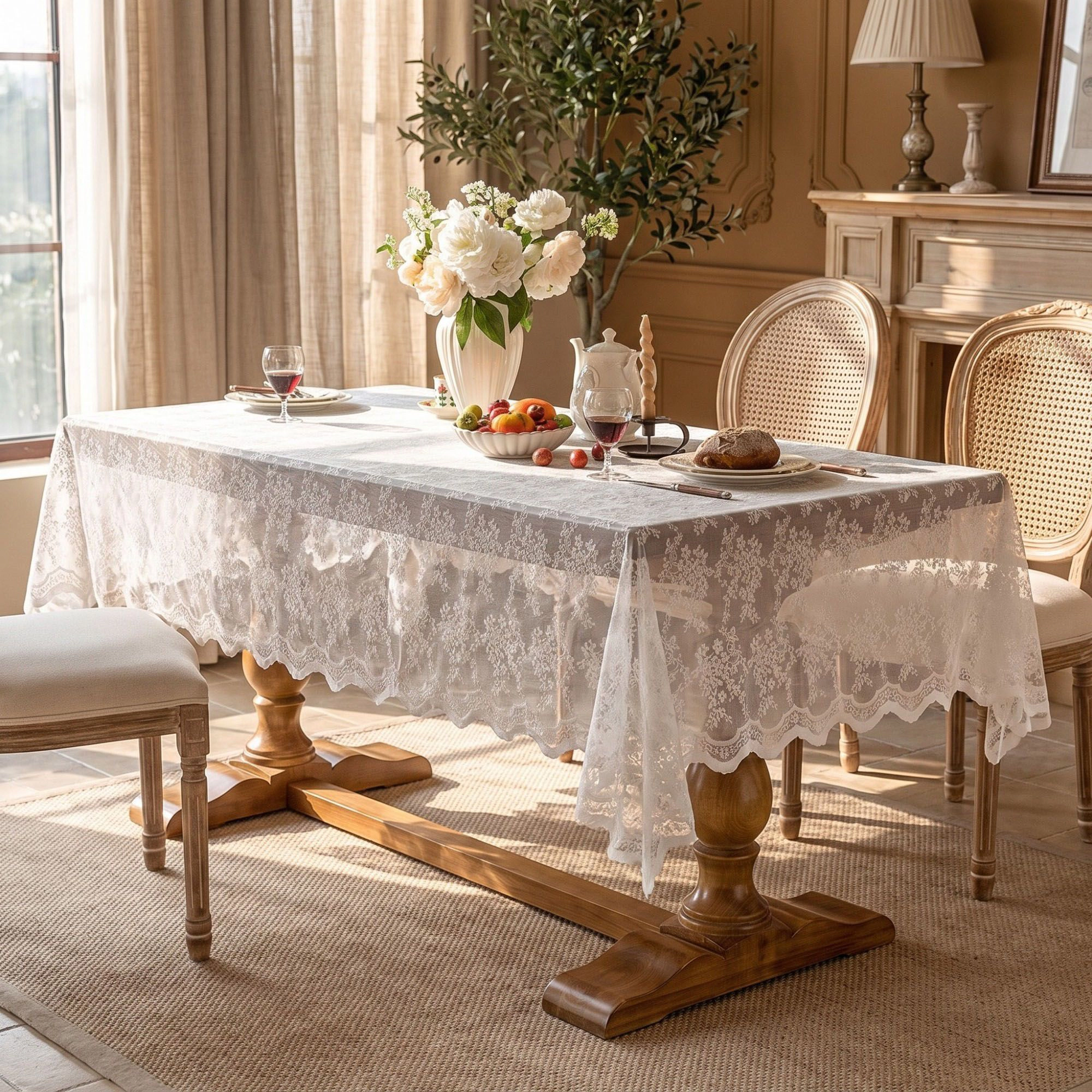 Alilang Unisex Off White Floral Lace Square Tablecloth with Scalloped Edges 55.1x55.1in