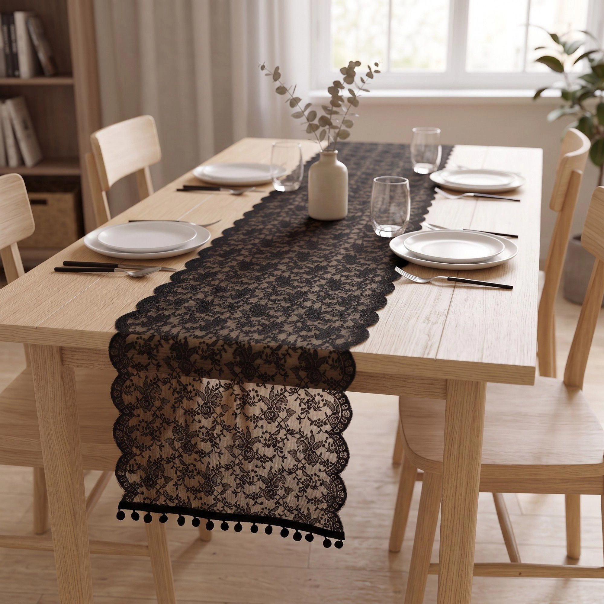 Alilang Women Floral Lace Table Runner with Scalloped Edges and Pom Trim 17.7x47in