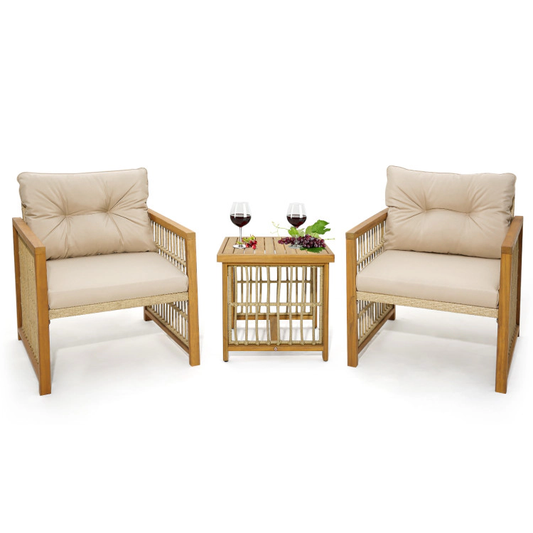 Hivvago 3 Pieces Patio Pe Wicker Conversation Set With Acacia Wood Frame And Cushions