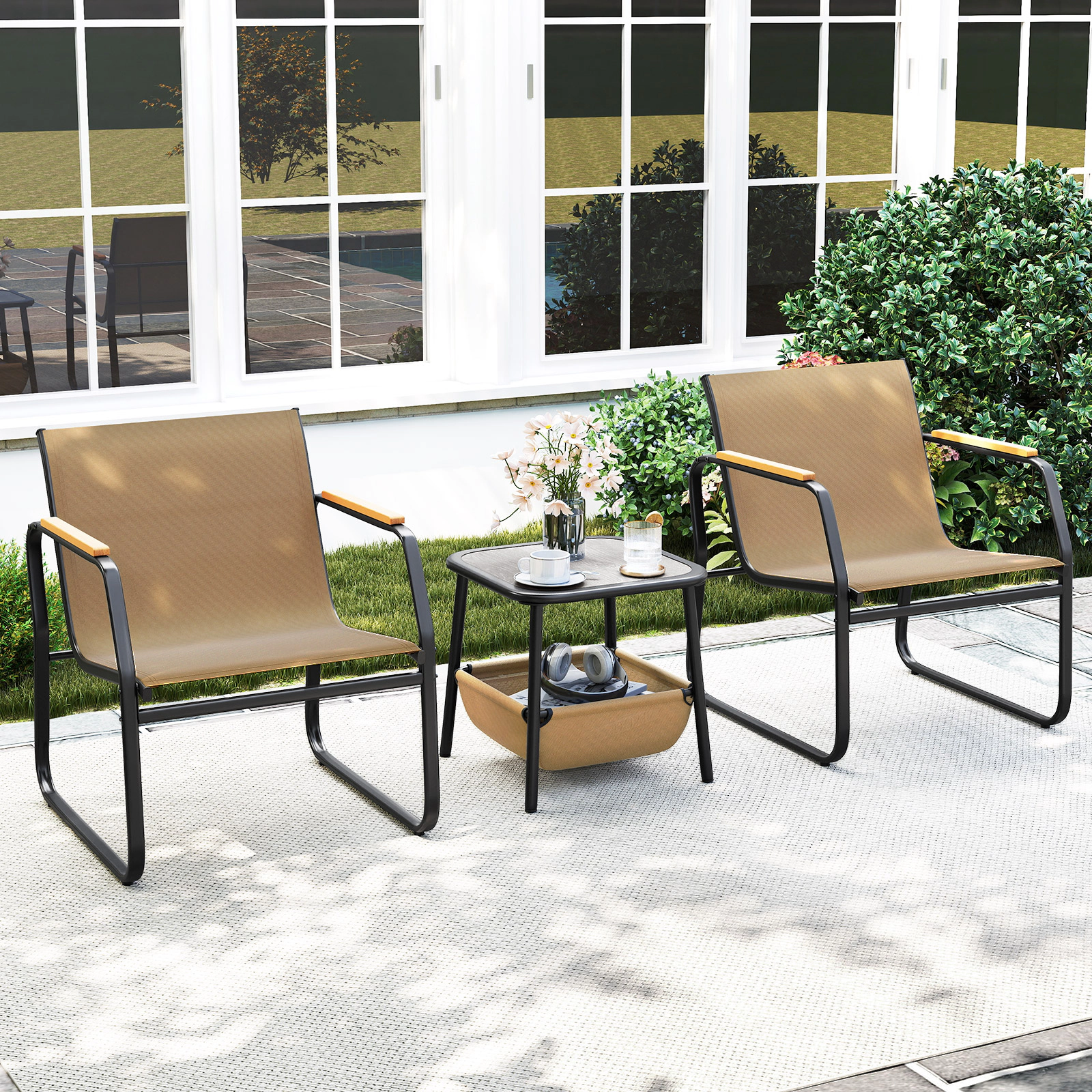 SUGIFT 3-Piece Brown Metal Patio Bistro Set with Mesh Chairs and 2-Tier Storage Table