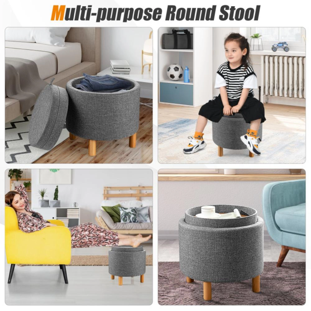 Hivvago Round Upholstered Storage Ottoman with Reversible Tray and Non-Slip Base for Bedroom