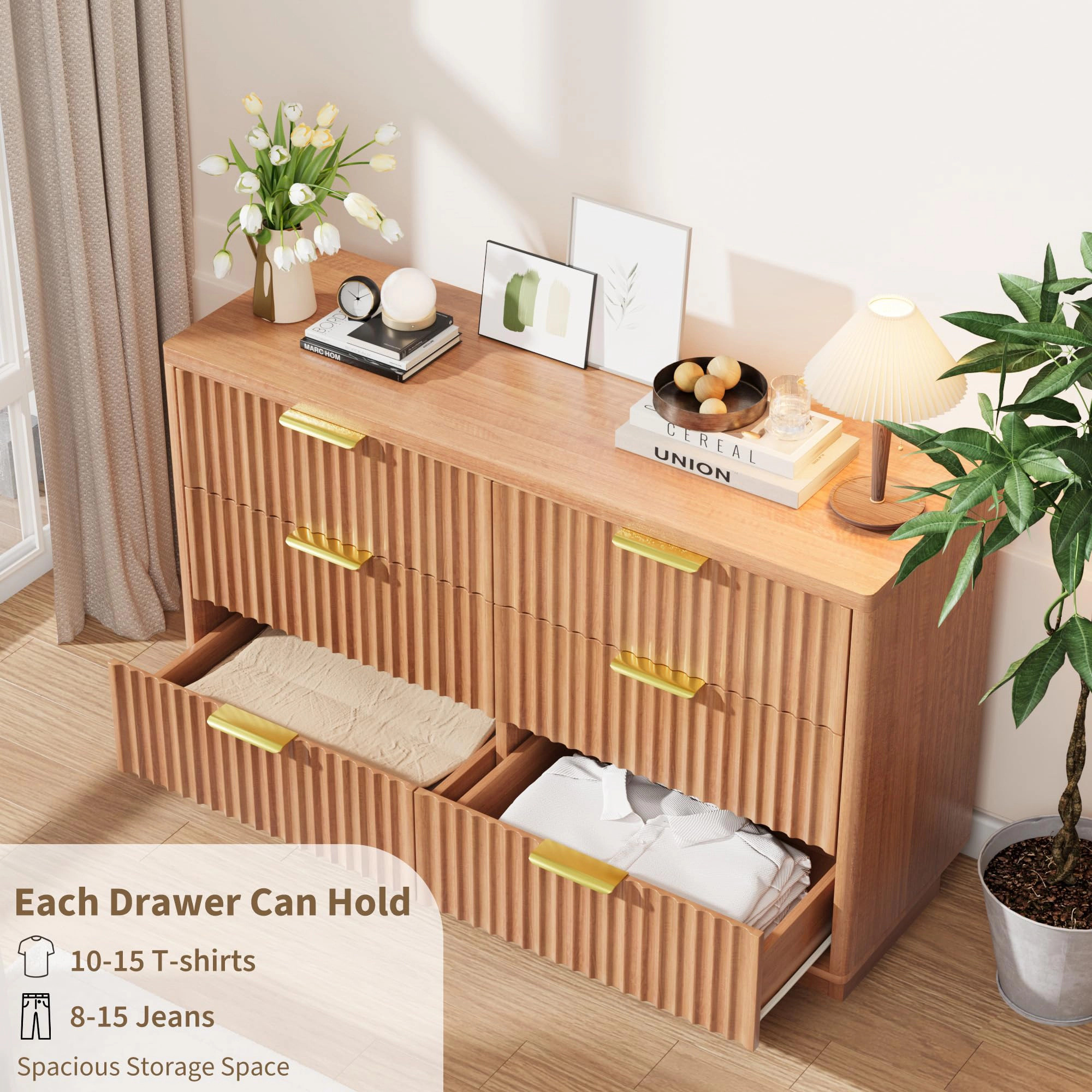 Modern 6 Drawer Wood Dresser, 47" Chest of Drawers Storage Cabinet for Bedroom or Nursery