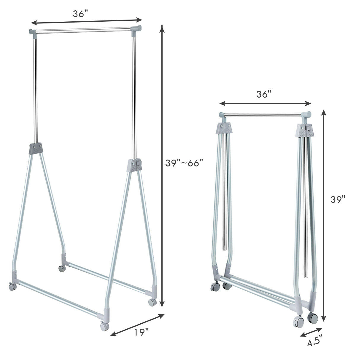 SUGIFT Silver Foldable Extendable Rolling Clothes Rack with 66-in Adjustable Rod and 4 Caster Wheels