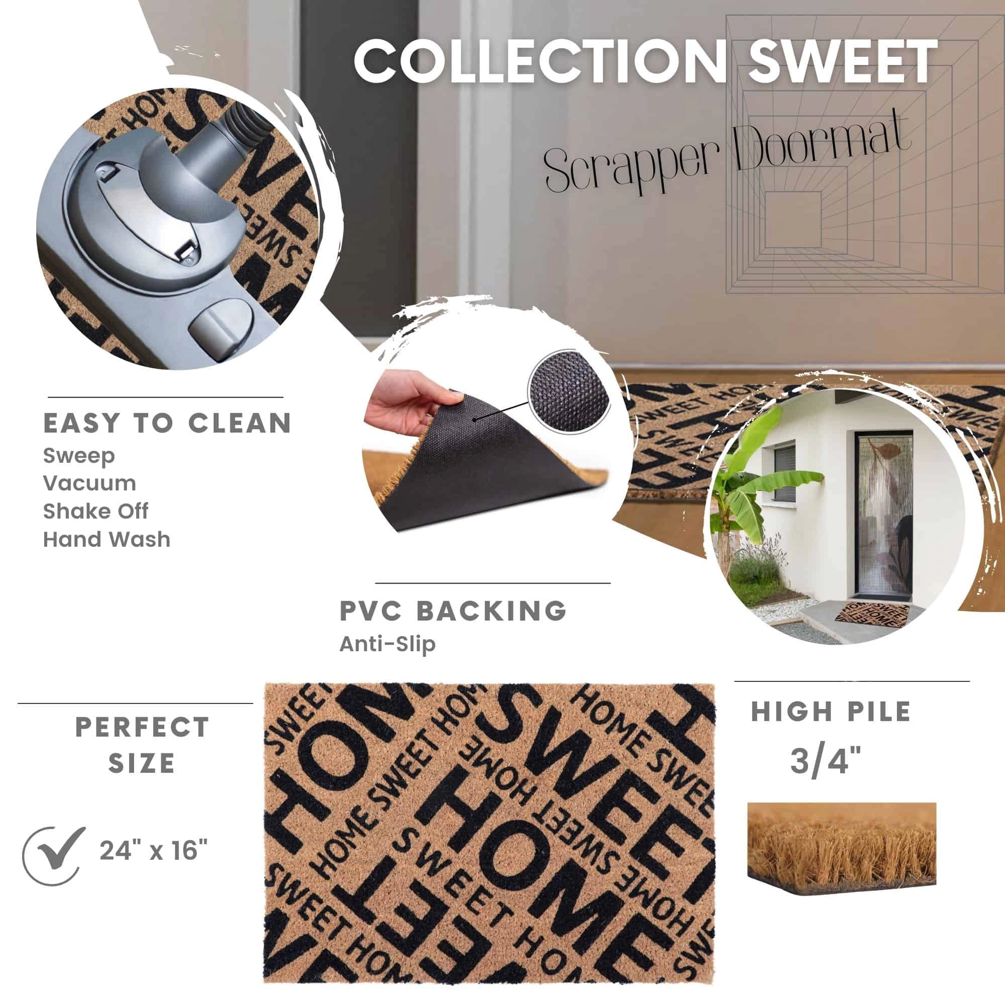 Evideco French Home Goods Natural and Black Home Sweet Home Coir Doormat 24 x 16 Inches