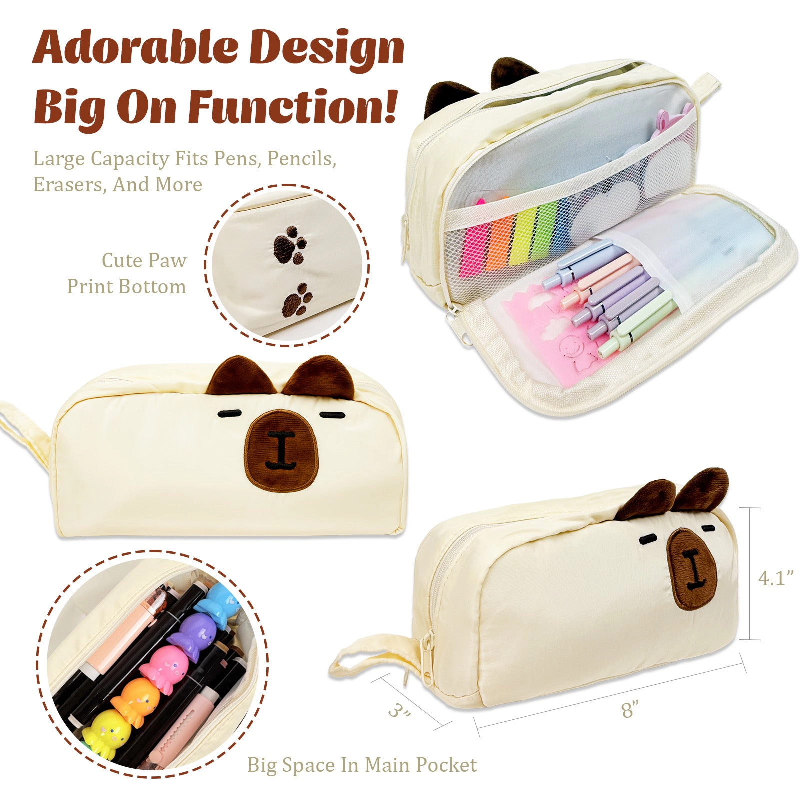 Wrapables 3D Animal Face 2-Compartment Pencil Case, Capybara
