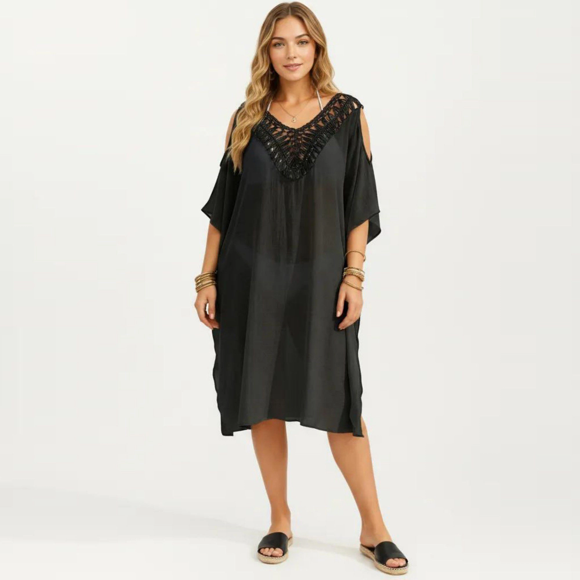 Anna-Kaci Women's Crochet V Neck Cold Shoulder Sleeves Relaxed Fit Swim Cover Up Dress