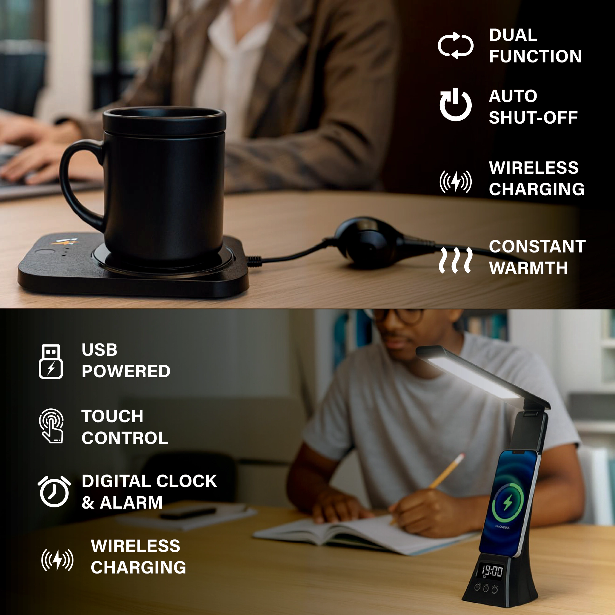 Pursonic Unisex Modern Workspace Productivity Bundle: 3-in-1 LED Desk Lamp + Sip & Charge Wireless Mug Warmer