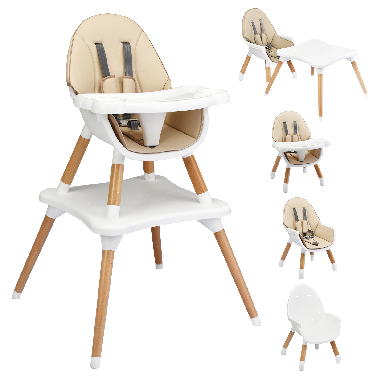 SUGIFT 5-in-1 Convertible Wooden High Chair with Table 33-lb Capacity Ages 6-36 Months Coffee/Black/Natural