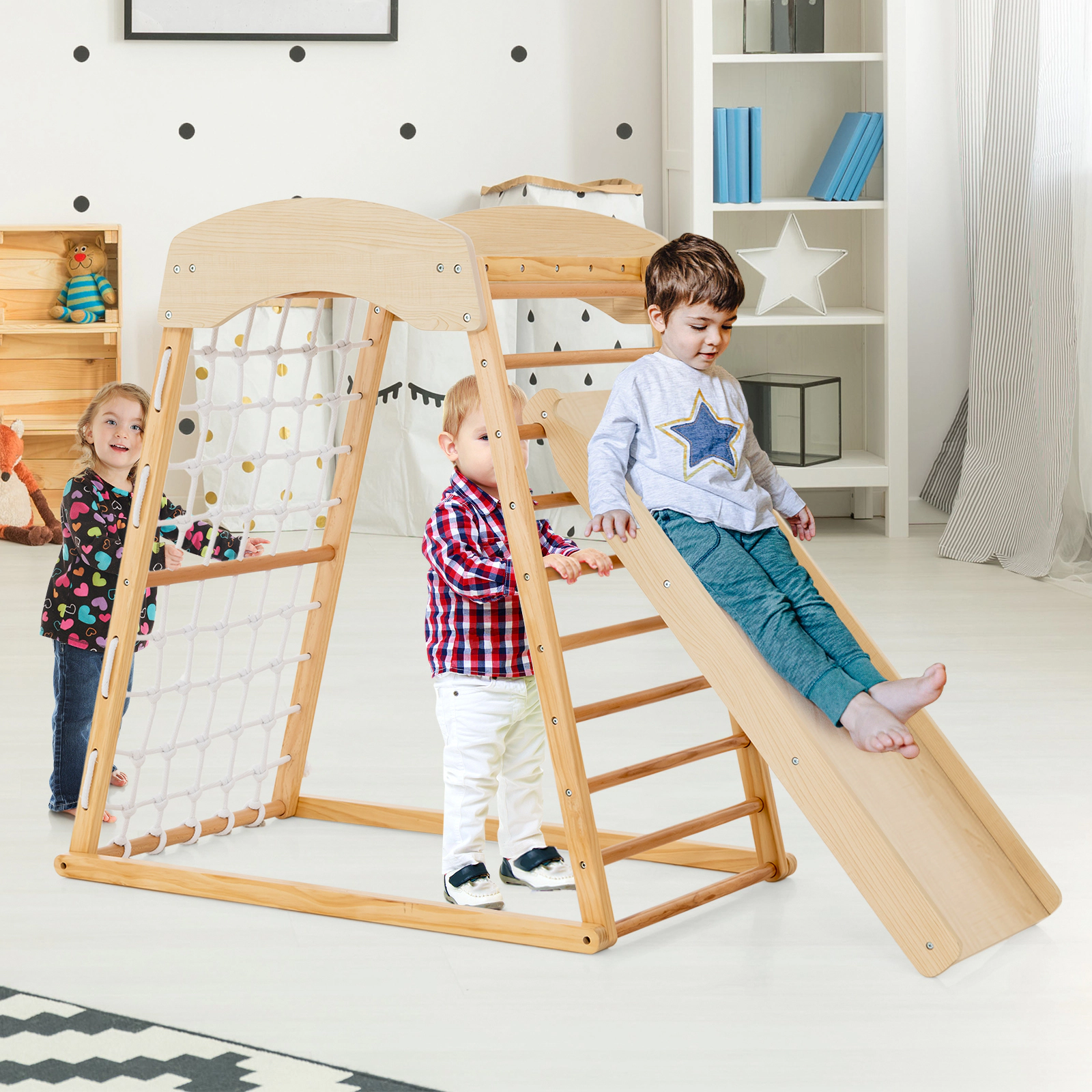 6-in-1 Wooden Jungle Gym Indoor Playground Tool-Free Adjustable Ramp Monkey Bars Floor Anchors 130-lb Ages 1+ Natural