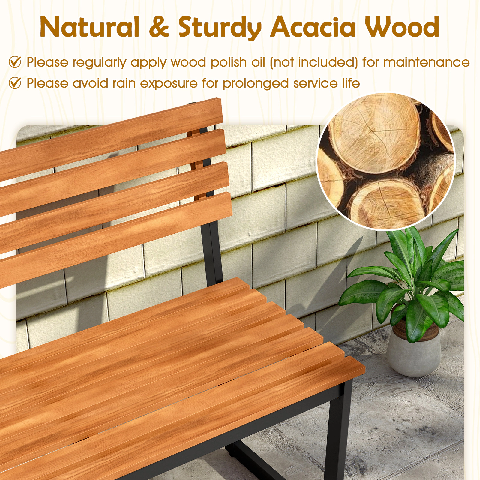 LJG Outdoor Bench Acacia Wood Patio Loveseat with Backrest and Heavy Duty Metal Frame