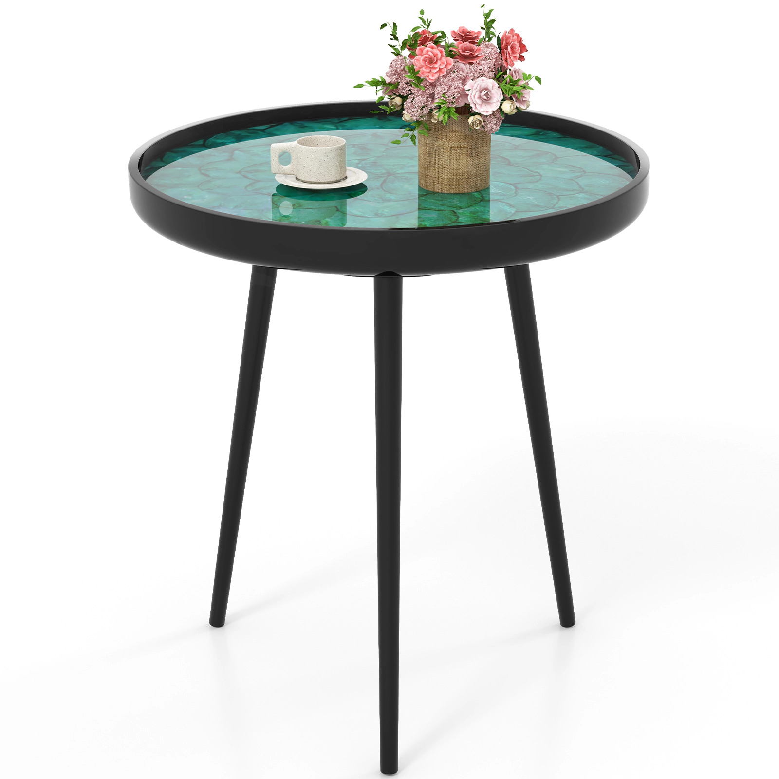 Glintex 20-Inch Handmade Sea Shell End Table with Epoxy Resin Top and Mahogany Legs, Green