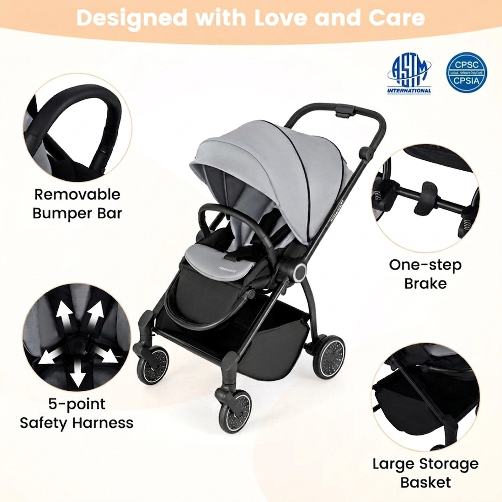 SUGIFT Gray 33-lb Capacity Foldable Infant Pram Stroller with Reversible Seat and Washable Cushion