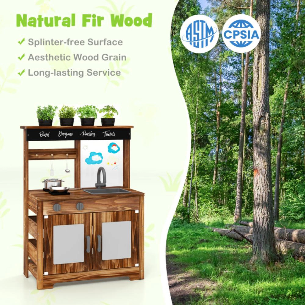 Hivvago Mud Kitchen Fir Wood Play Kitchen with 4 Panting Pots Faucet Removable Sink-Natural
