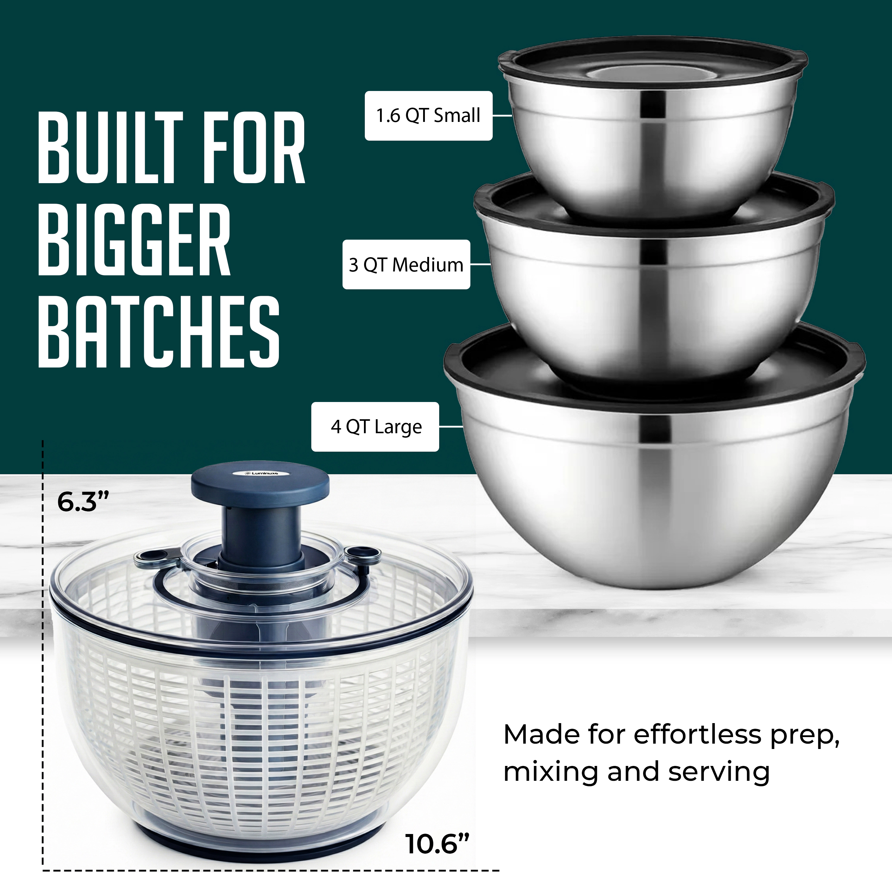Luminuxe Mixing Bowls & Salad Spinner Set, Stainless Steel Bowls with Lids & 5.3qt Vegetable Spinner w/ Draining System