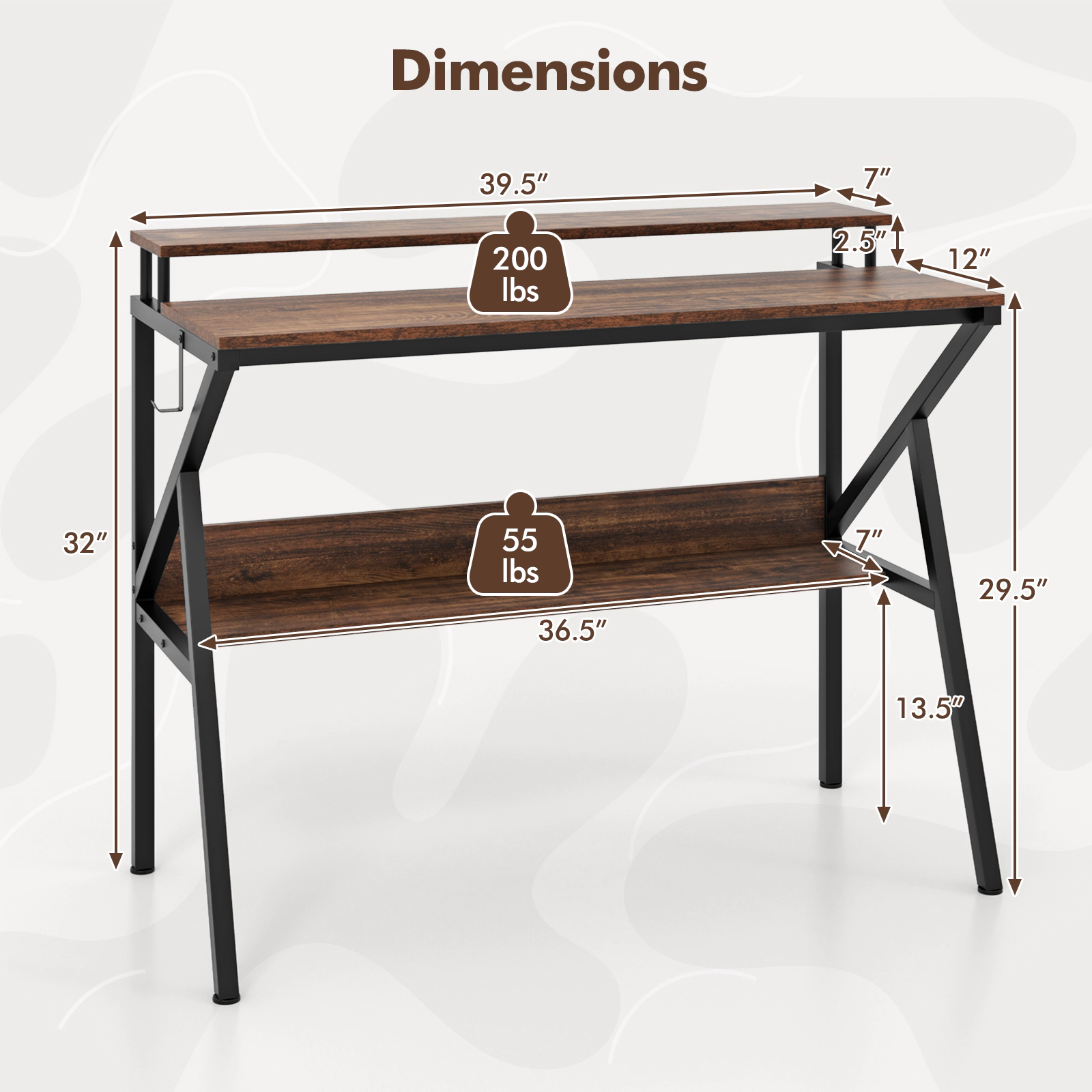 SUGIFT Space Saving Computer Desk with Monitor Stand and Extra Storage Shelf 200-lb Tabletop 55-lb Shelf Rustic Brown