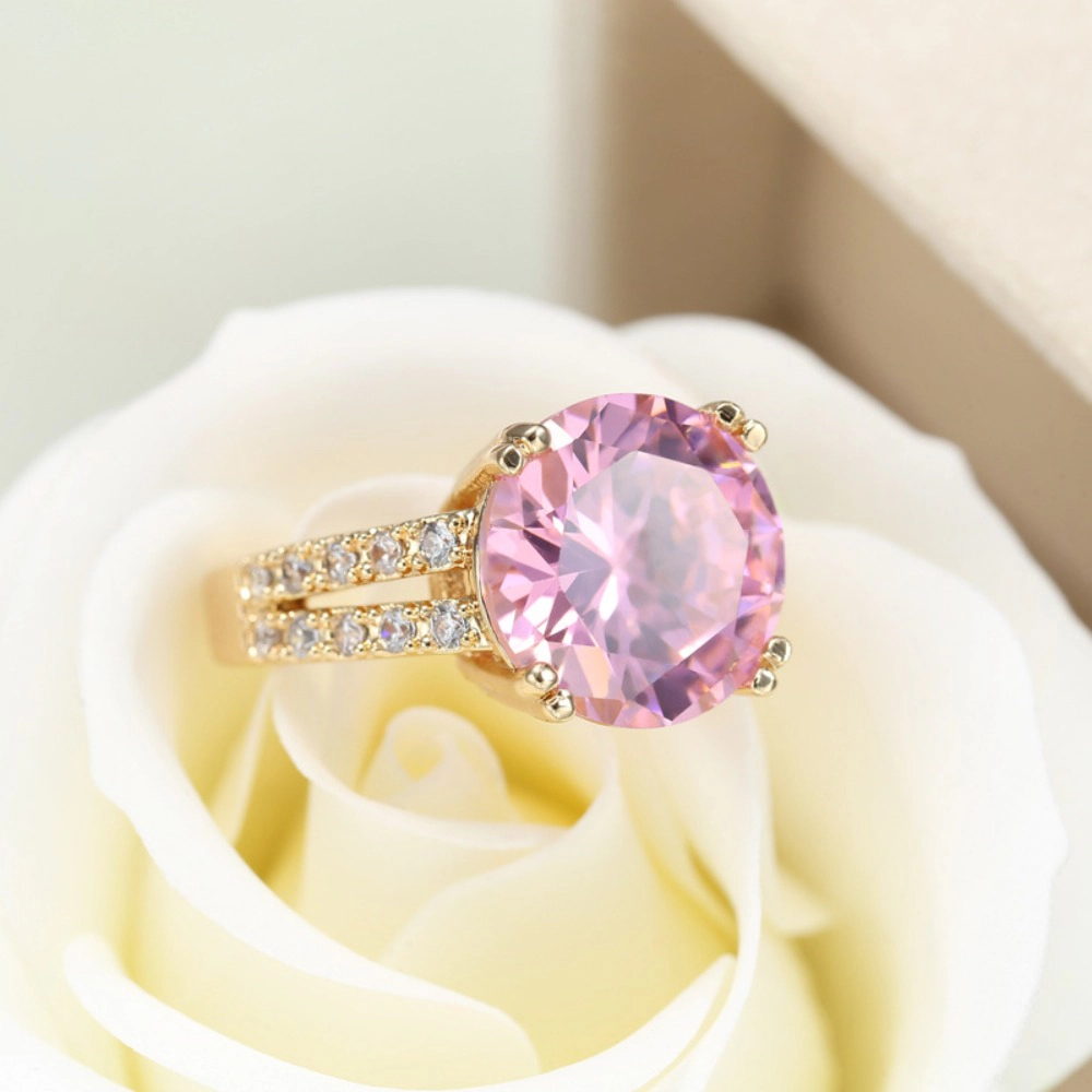 Women's Large Round Pink Cubic Zirconia Statement Ring Gold Tone Split Shank Engagement Ring