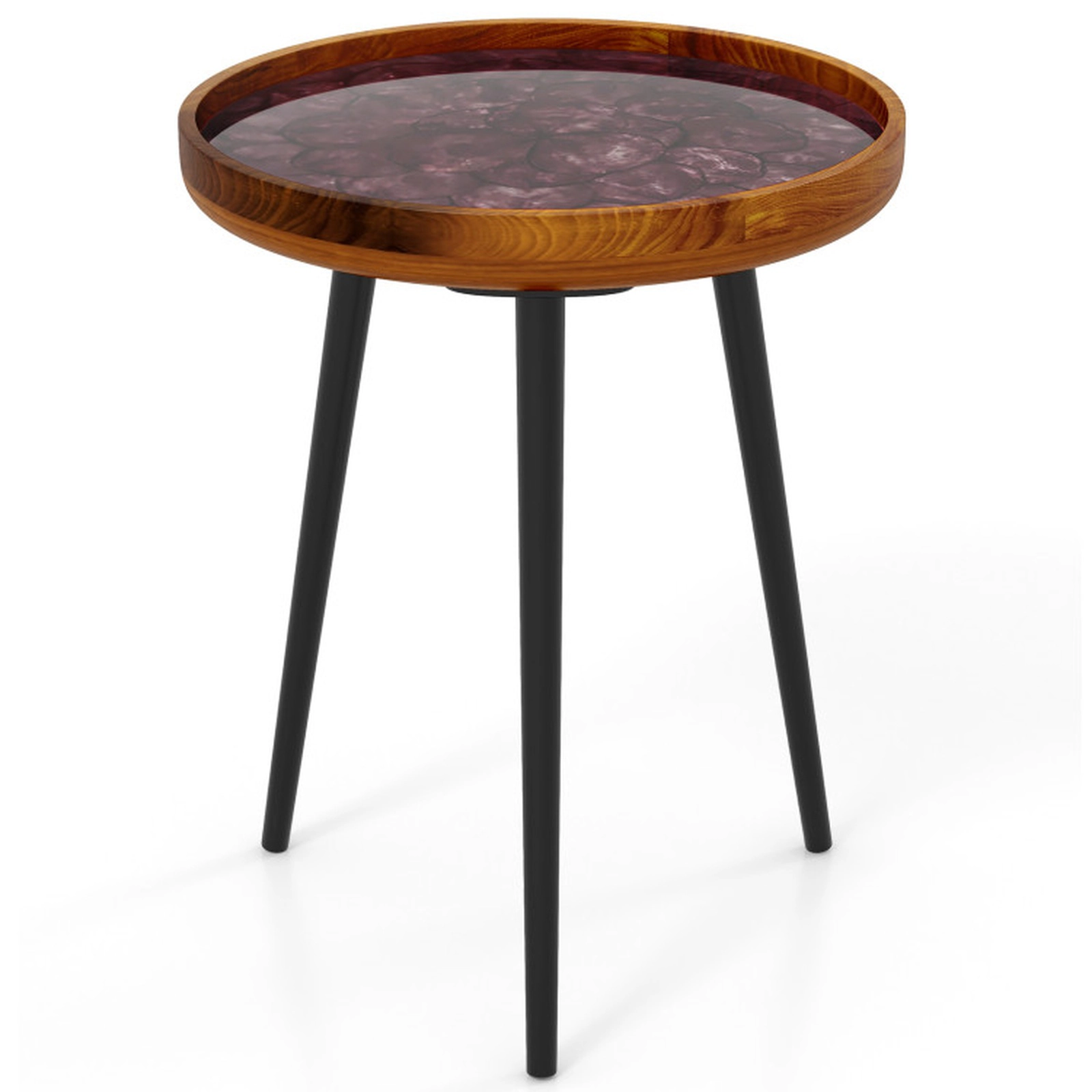 SUGIFT 16-in Round Sea Shell Accent End Table with Waterproof Epoxy Resin Tray Top and Teak Wood Surface