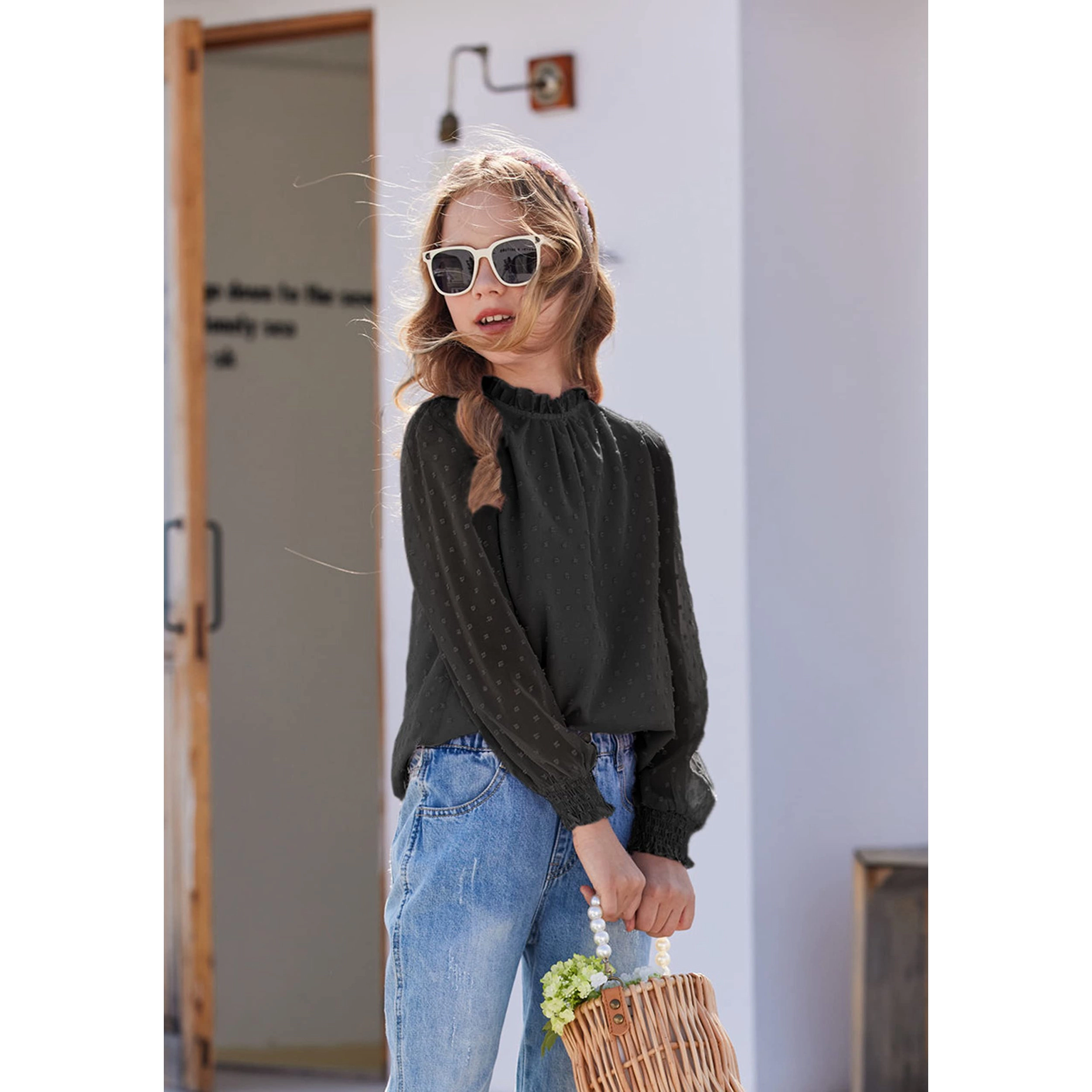 Arshiner Girls Long Sleeve Chiffon Swiss Dot Frill Neck Casual Loose Cute T-shirt