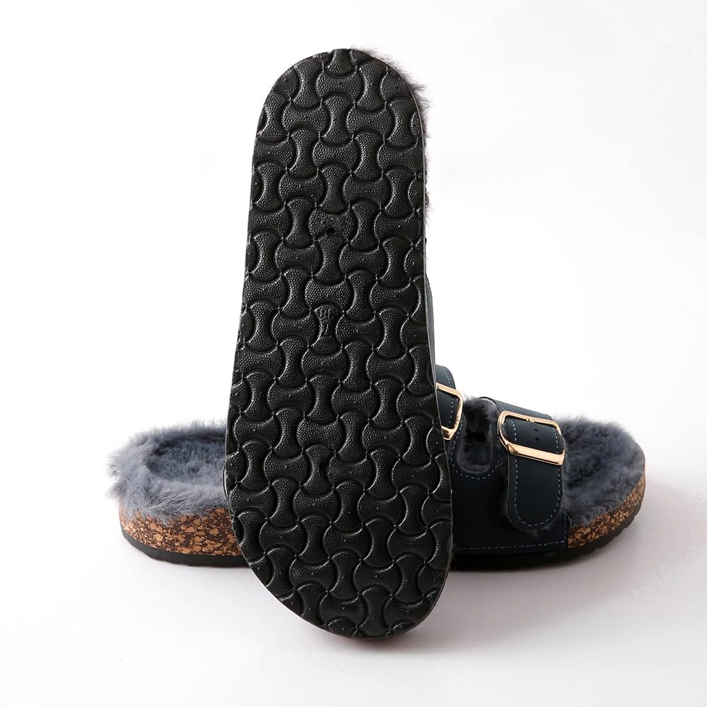 Roxoni Women’s Feather-Embellished Open-Toe Slippers with Adjustable Buckles