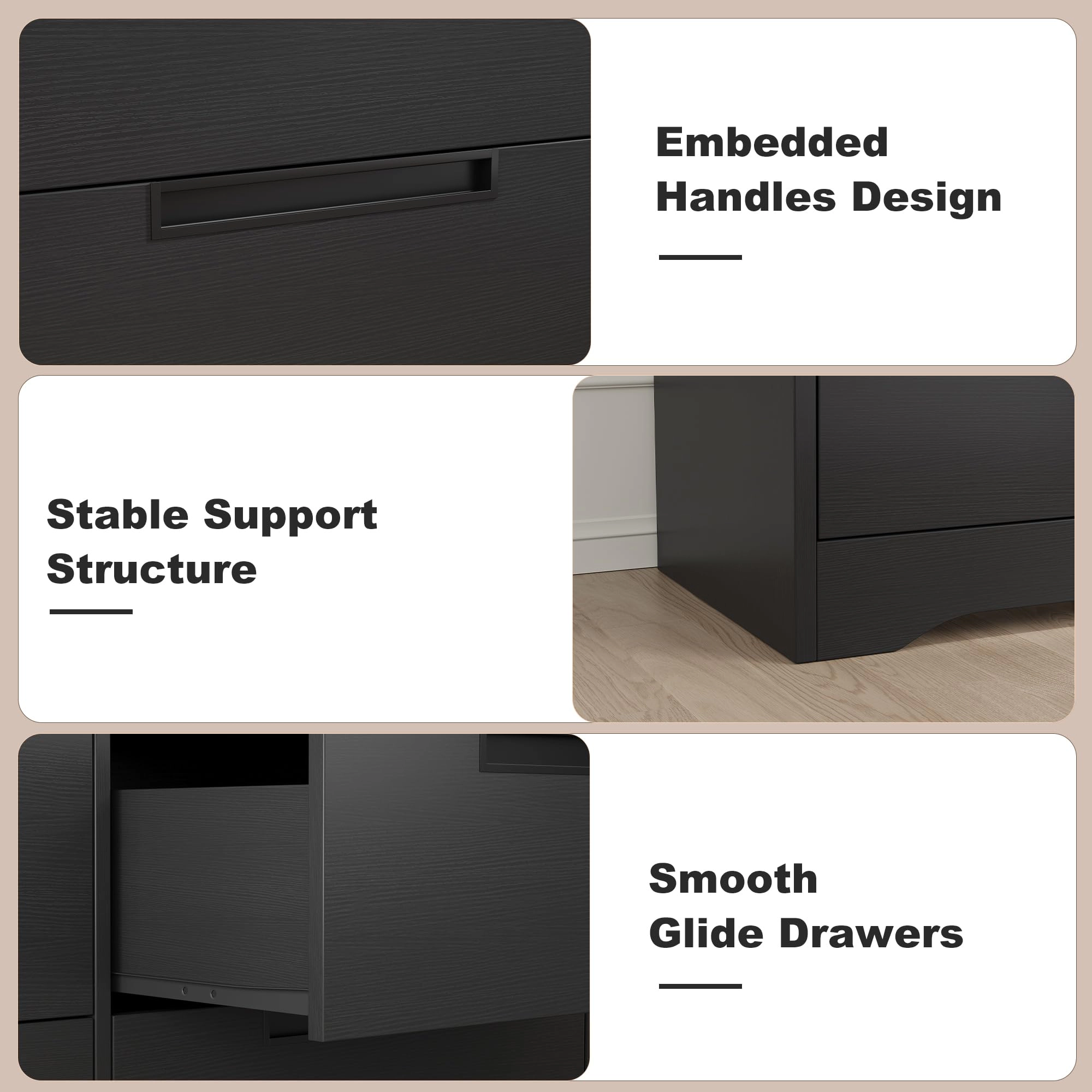 Modern Black 6 Drawer Dresser with Embedded Handles, Wooden Storage Organizer for Bedroom