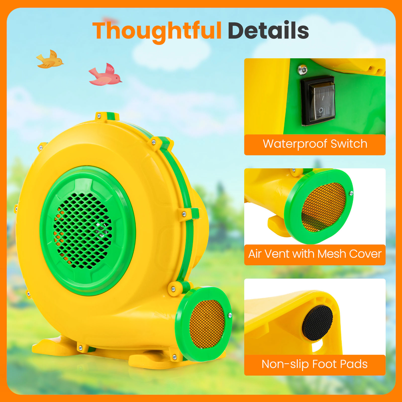 SUGIFT 950W Air Blower Air Pump Fan with Handle Ground Stakes and Mesh-Covered Air Vent Yellow