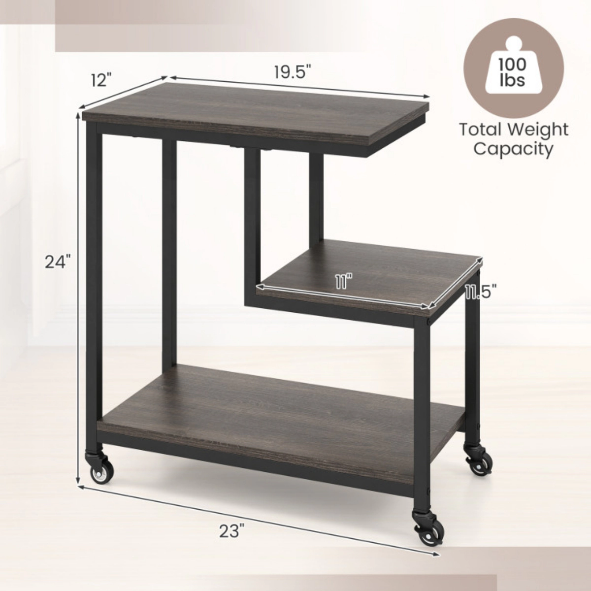 SlickBlue 3 Tier End Table with Wheels, Printer Stand and Nightstand for Home Office