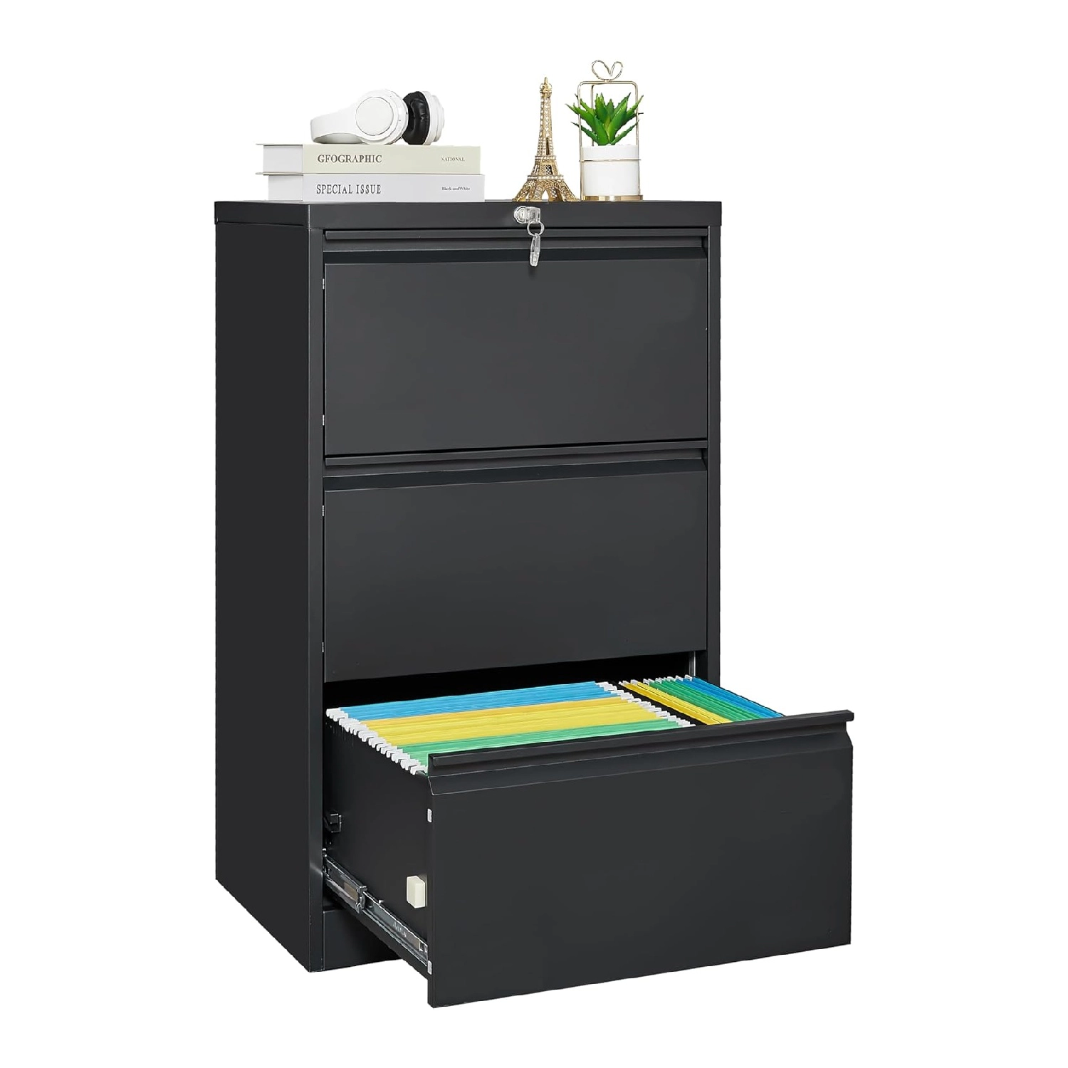 BebreezChic 3 Drawer File Cabinet w/ Lock, Metal Lateral Filing Cabinet, A4/F4/Legal, Black