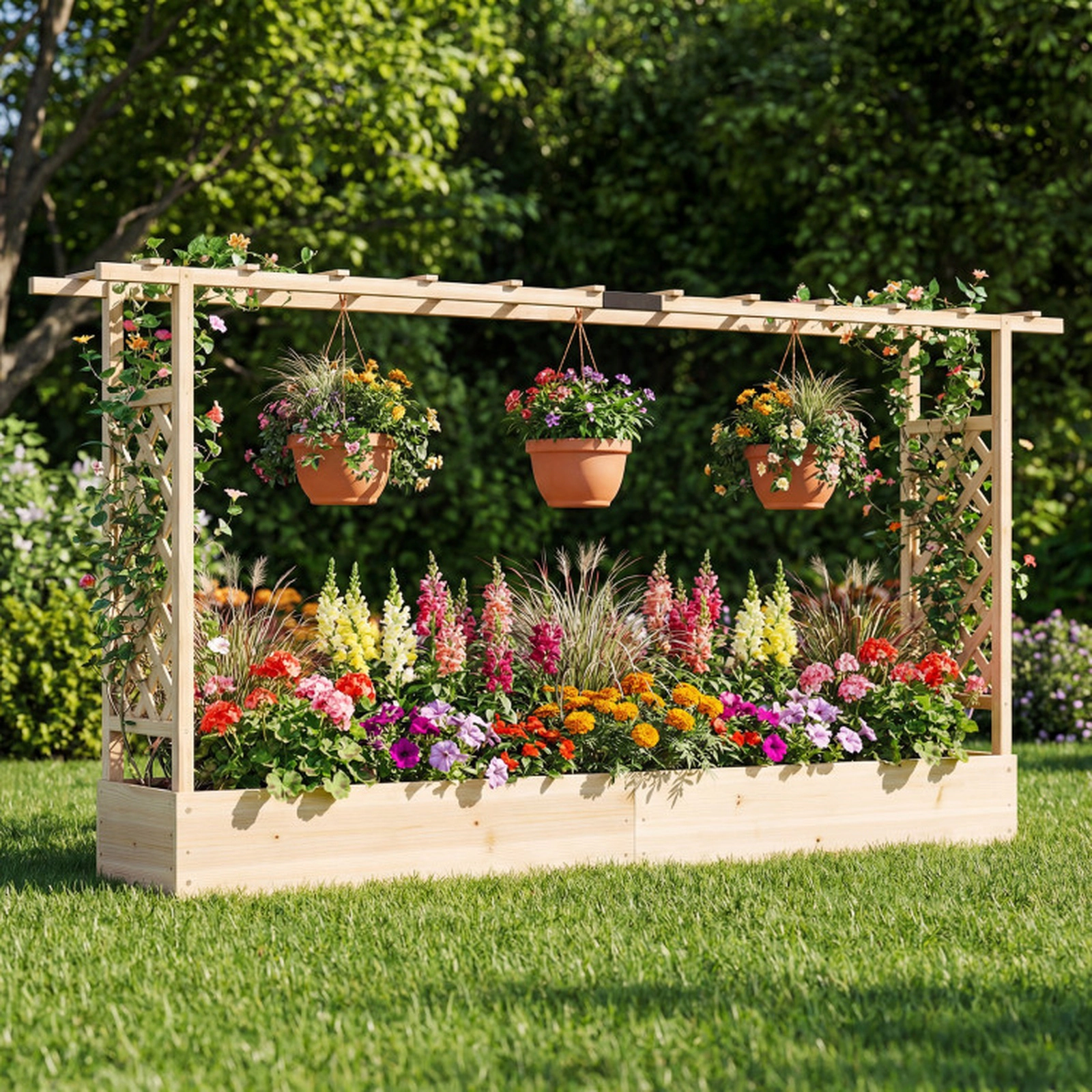 SUGIFT 45-in Tall Wooden Raised Garden Bed Planter with Side Trellis and Hanging Roof 110-lb Capacity Natural/Orange