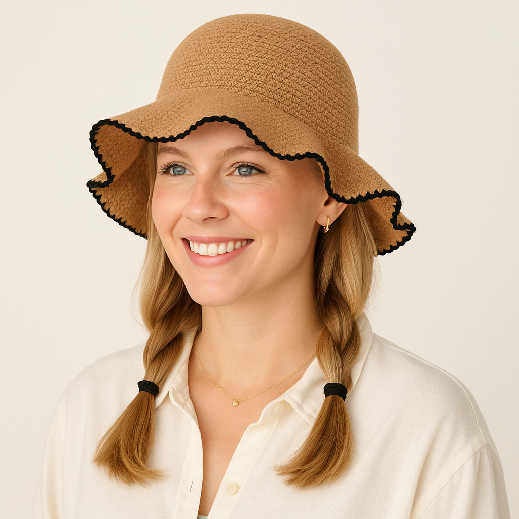 Anna-Kaci Women's Crochet Bucket Hat with Scalloped Edge Detail and Soft Lightweight Construction