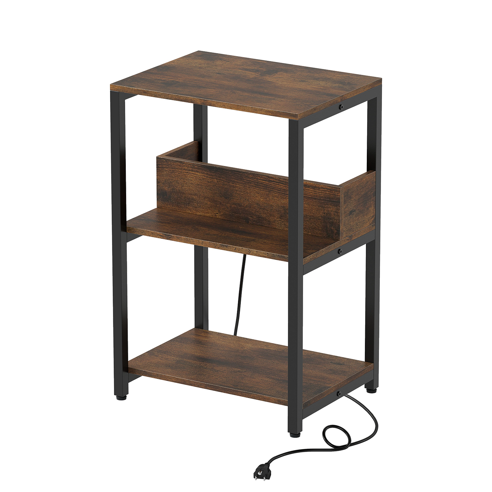 Slickblue Rustic Brown End Table with Hidden Charging Station & 3 Storage Shelves