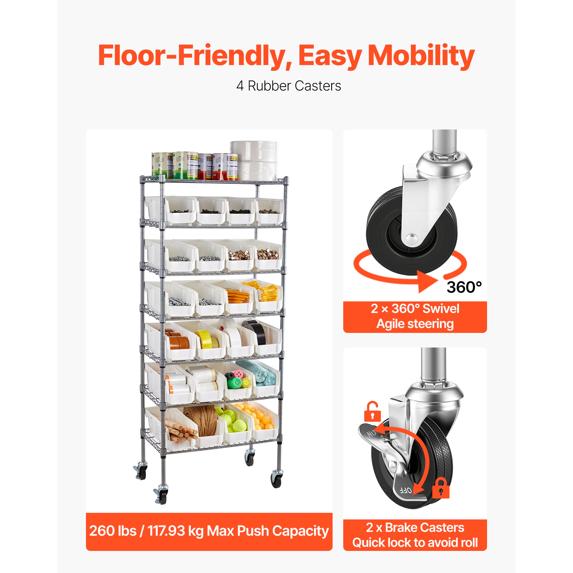 HONGGE Double-Sided Rolling Bin Storage Rack Plastic Bins Dual-Sided Parts Organizer with Wheels Mobile Tool Organizer
