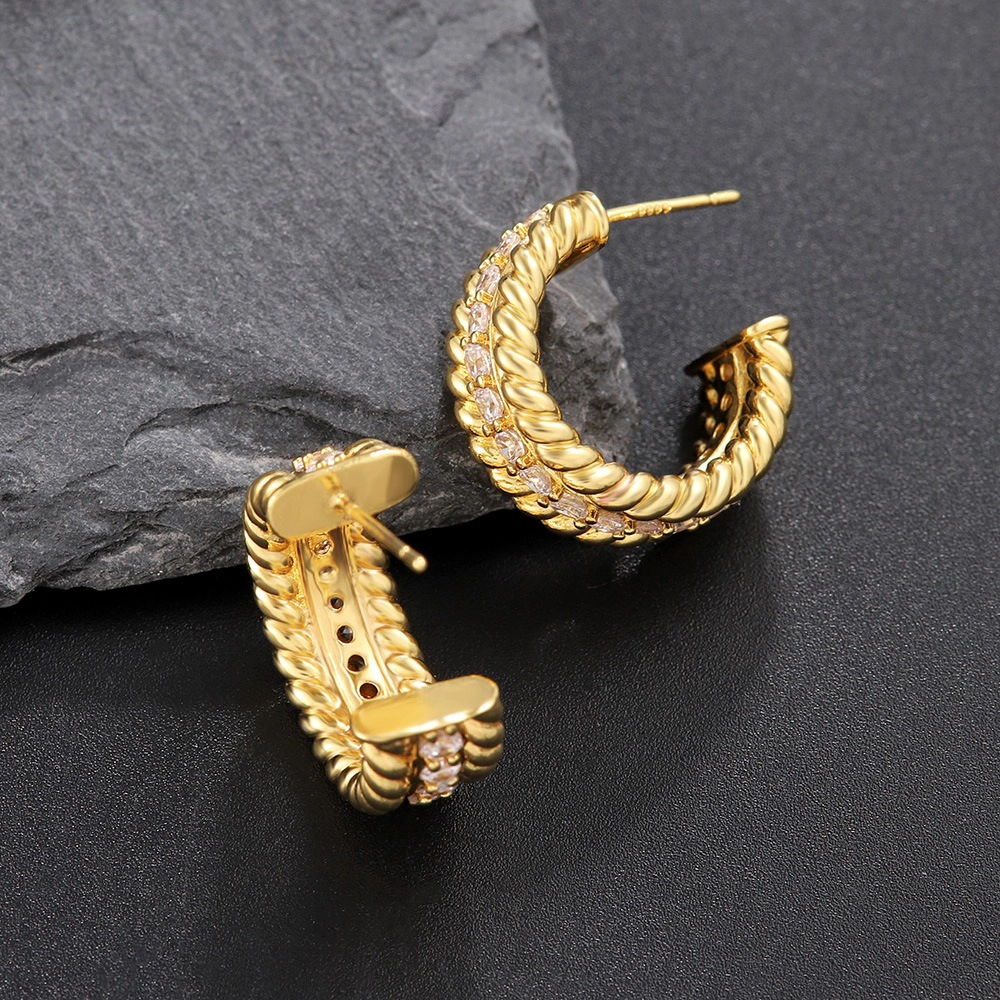 Twisted Rope Pave Cubic Zirconia C-Hoop Stud Earring