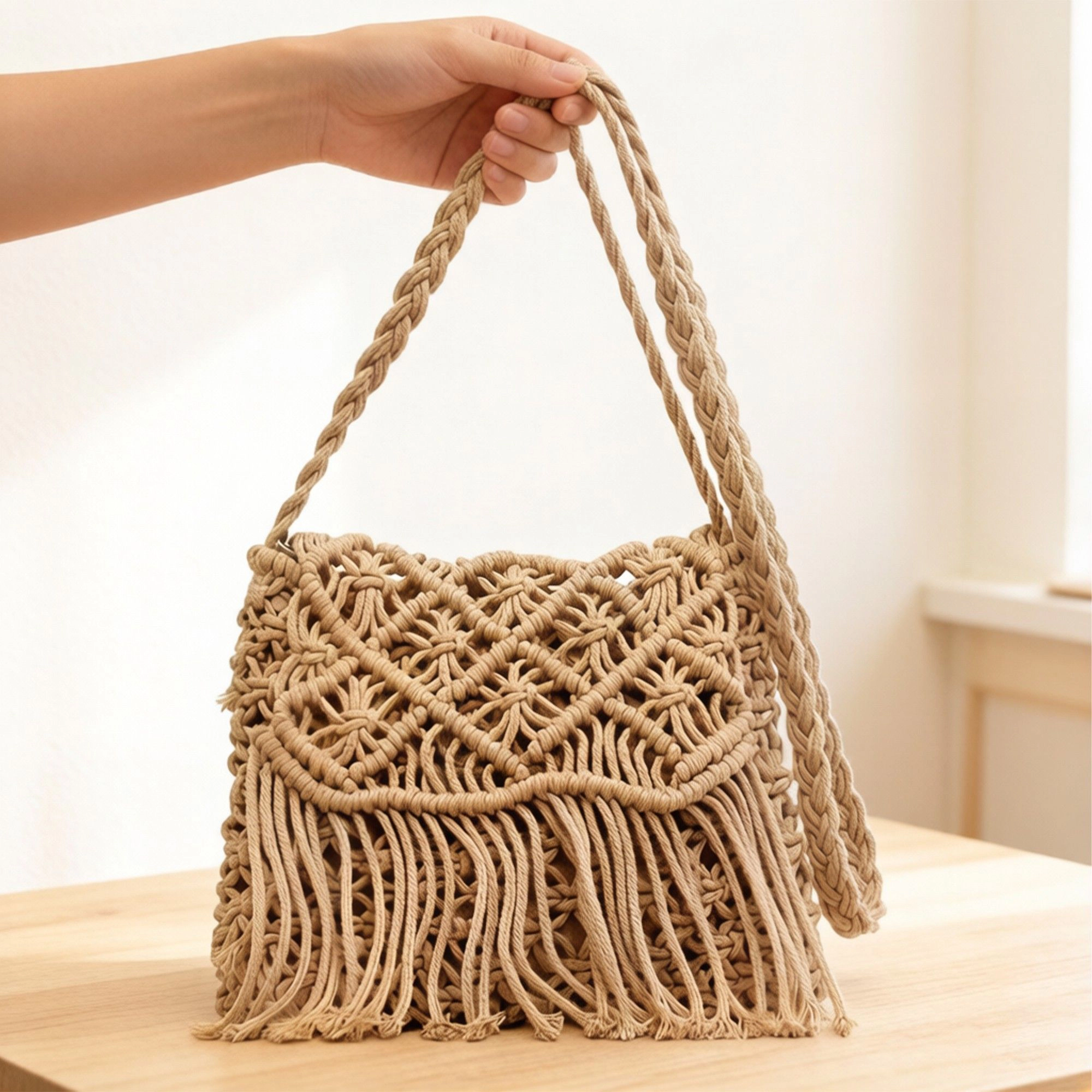 Alilang Women's Macrame Fringe Shoulder Bag Knotted Rope Crossbody Handbag Boho Woven Tassel Handmade Style Purse