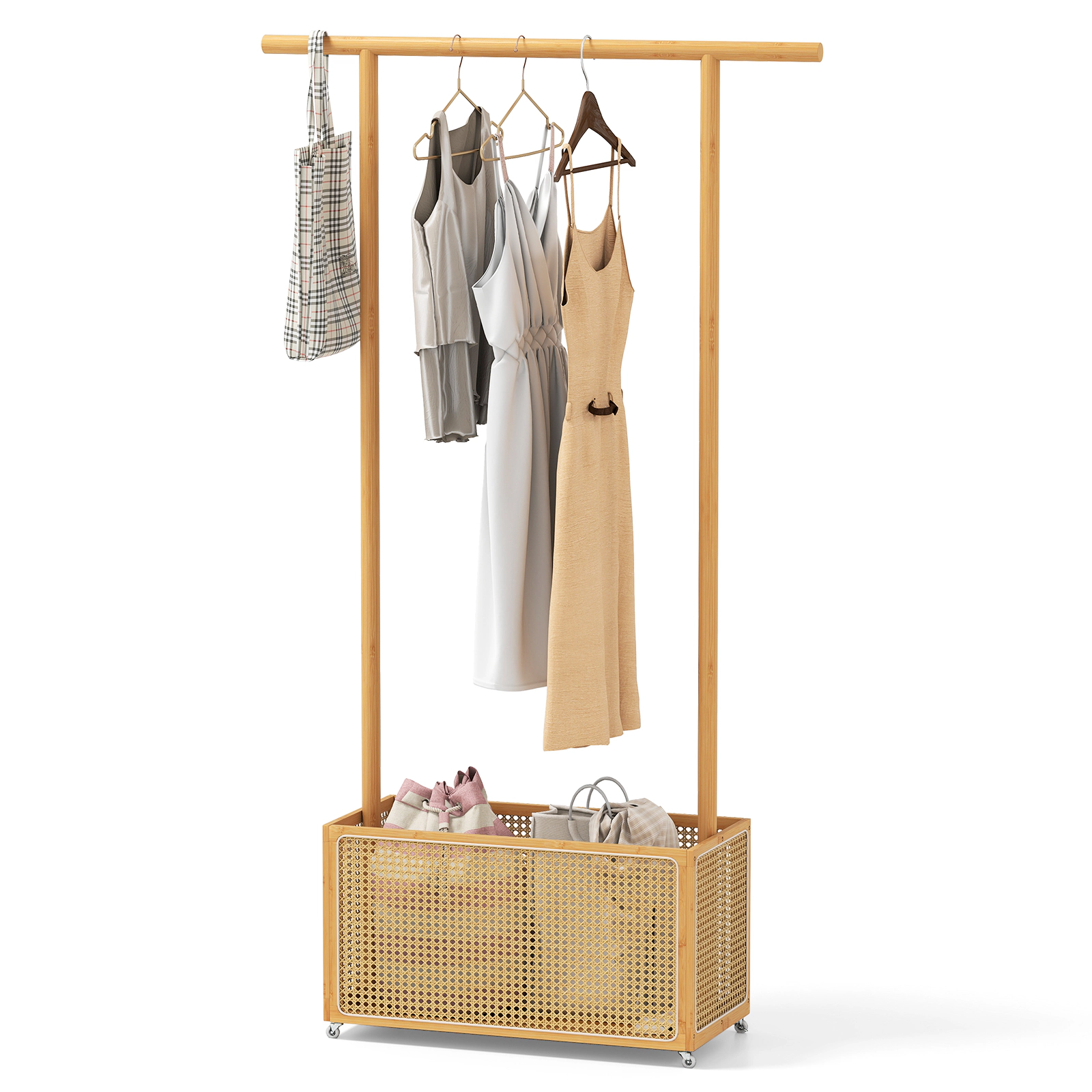 SUGIFT Bamboo Clothes Rack with Rattan Storage Basket and Wheels 45-lb Rod 65-lb Basket Capacity Natural & Brown