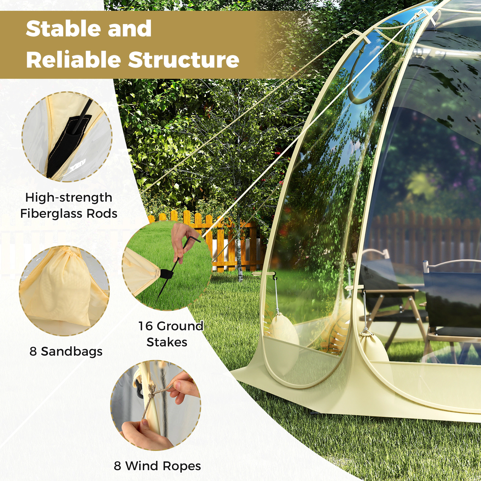 SUGIFT Beige 9.5-ft Transparent PVC Pop-Up Bubble Tent Igloo Screen House with Clear Skylight and Carry Bag