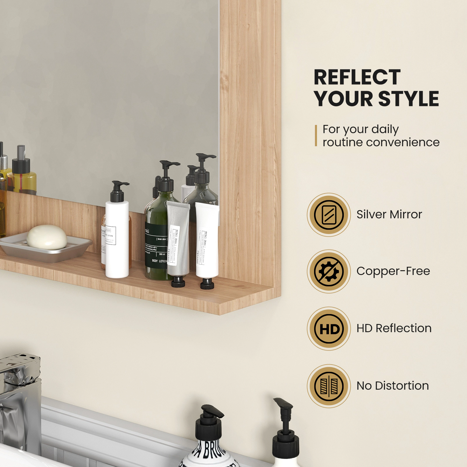 SUGIFT Wall-Mount Rectangle Bathroom Mirror with Storage Shelf 23.5 x 17.5 in Brown Wood Frame