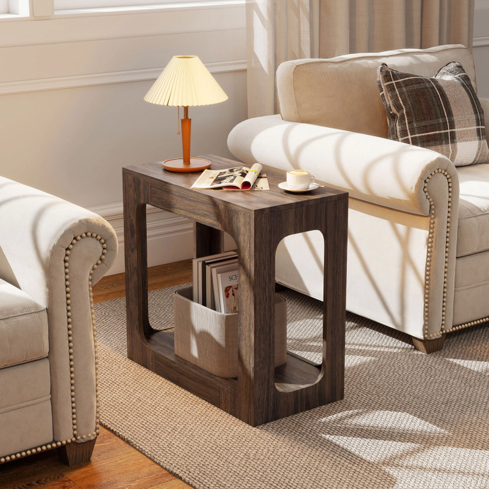 SUGIFT 23.5-Inch Narrow 2-Tier End Table with Open Shelf, Walnut Finish