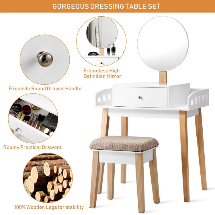 Hivvago Wooden Makeup Dressing Mirror Table Set With Drawer