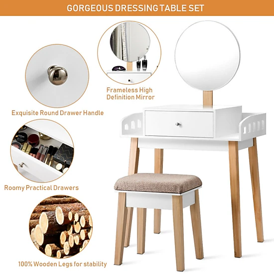 Hivvago Wooden Makeup Dressing Mirror Table Set With Drawer