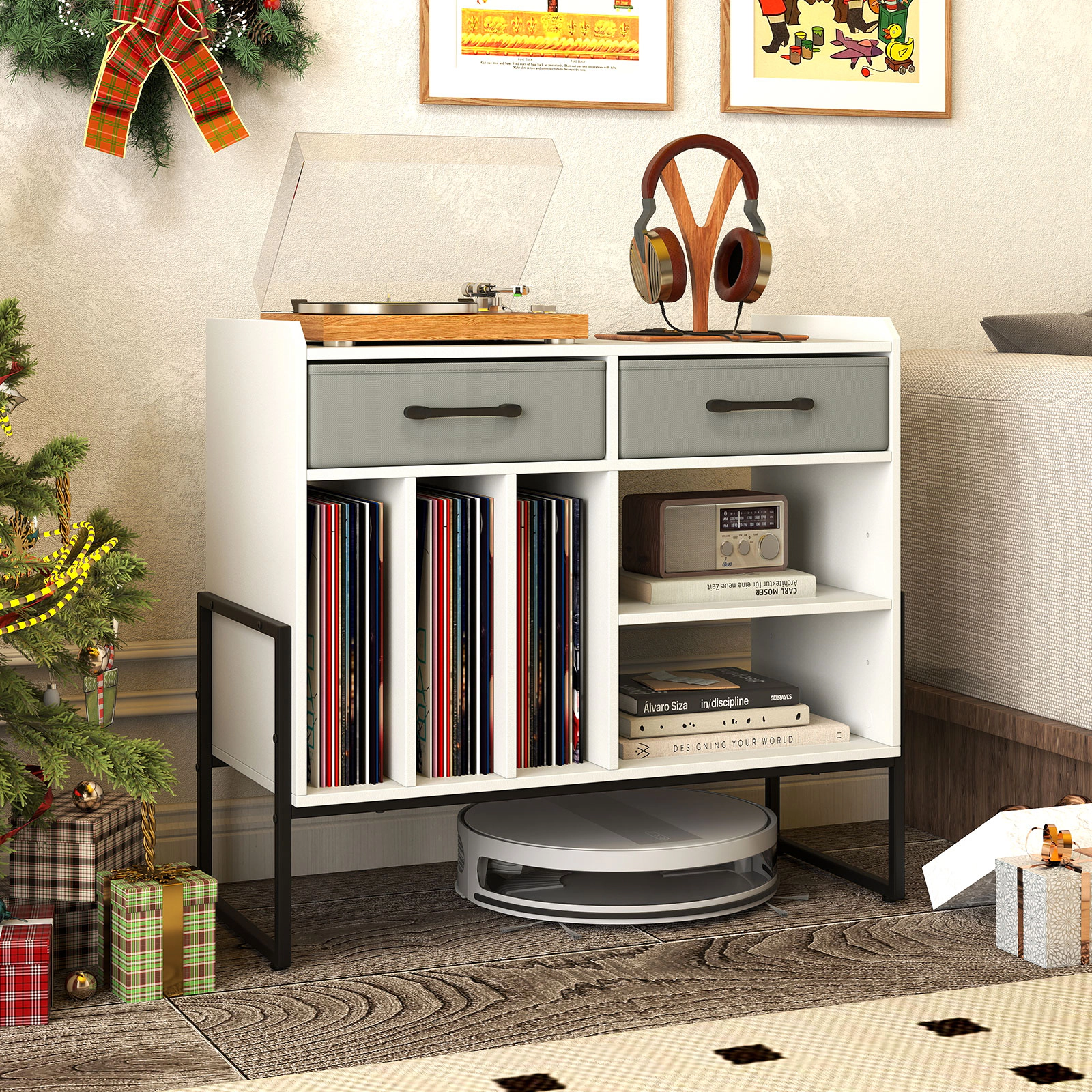 Glintex Large Record Player Stand with 2 Fabric Drawers and 209-Lb Capacity